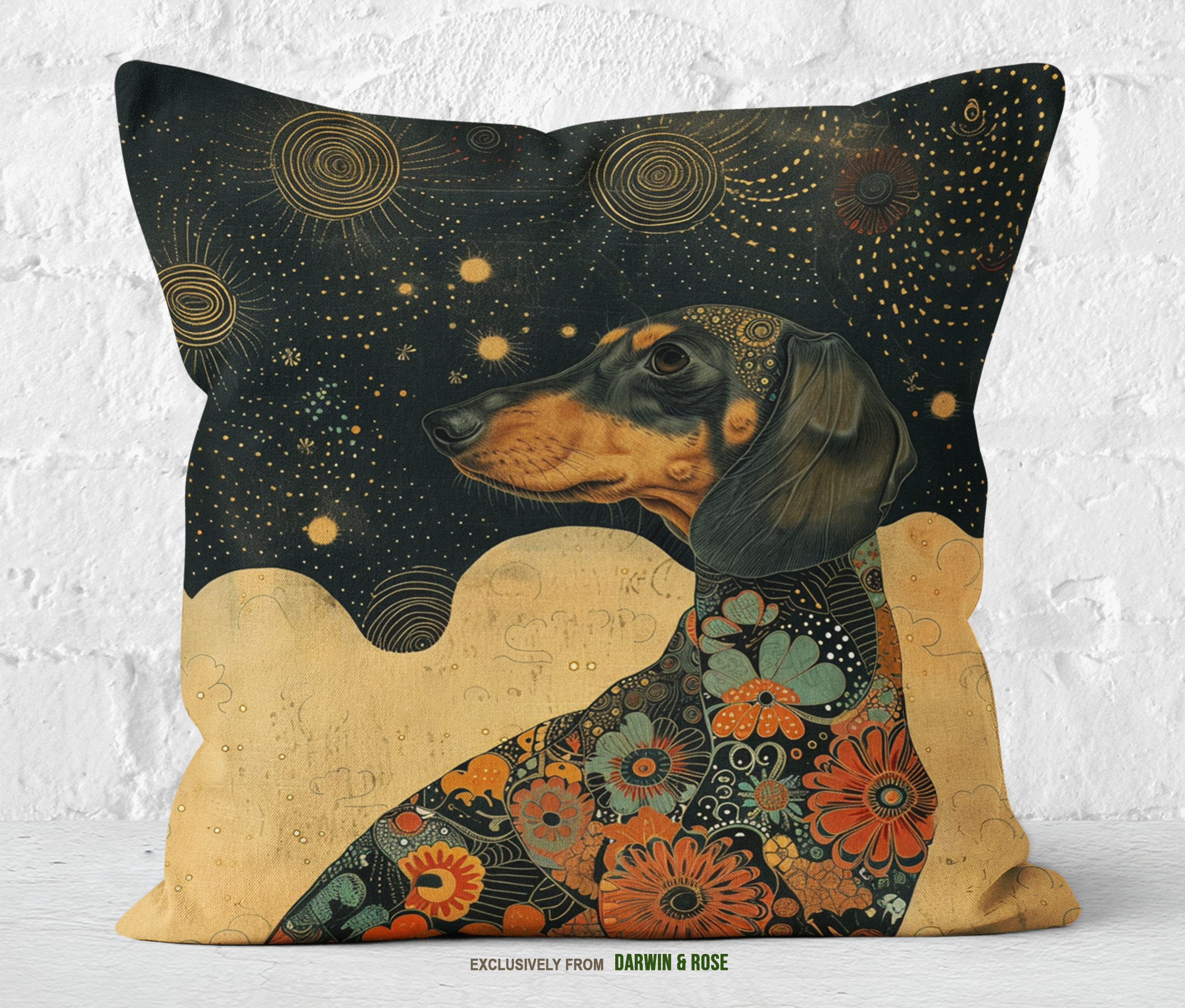 Dachshund Starry Night Boho Throw Pillow – Bold Floral Design for Dog Lovers