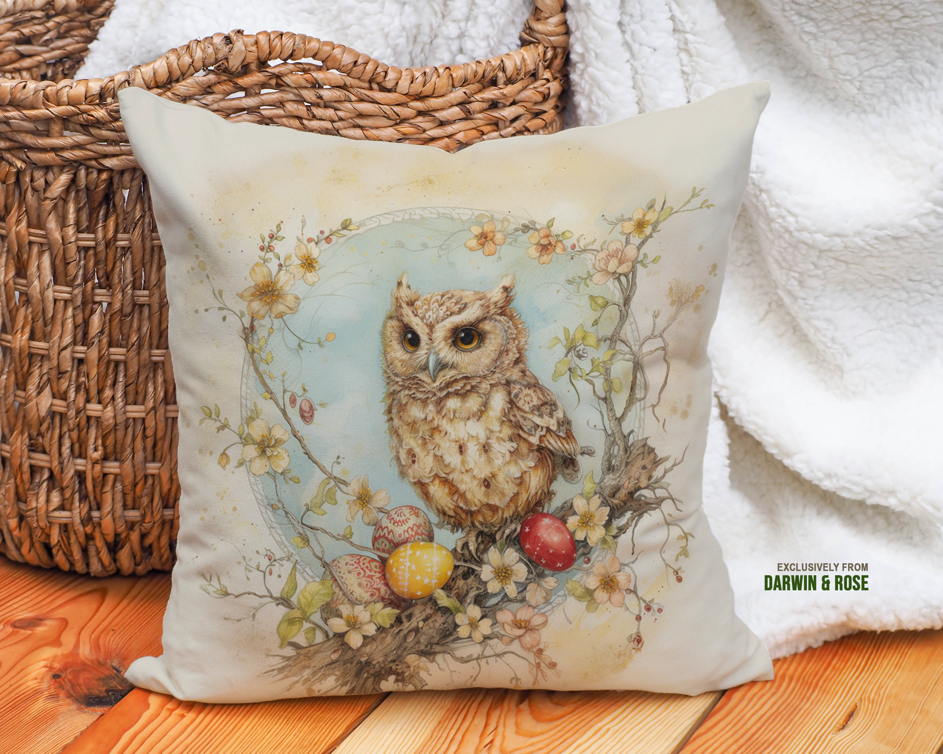 Easter Owl Springtime Throw Pillow – Rustic Farmhouse Style