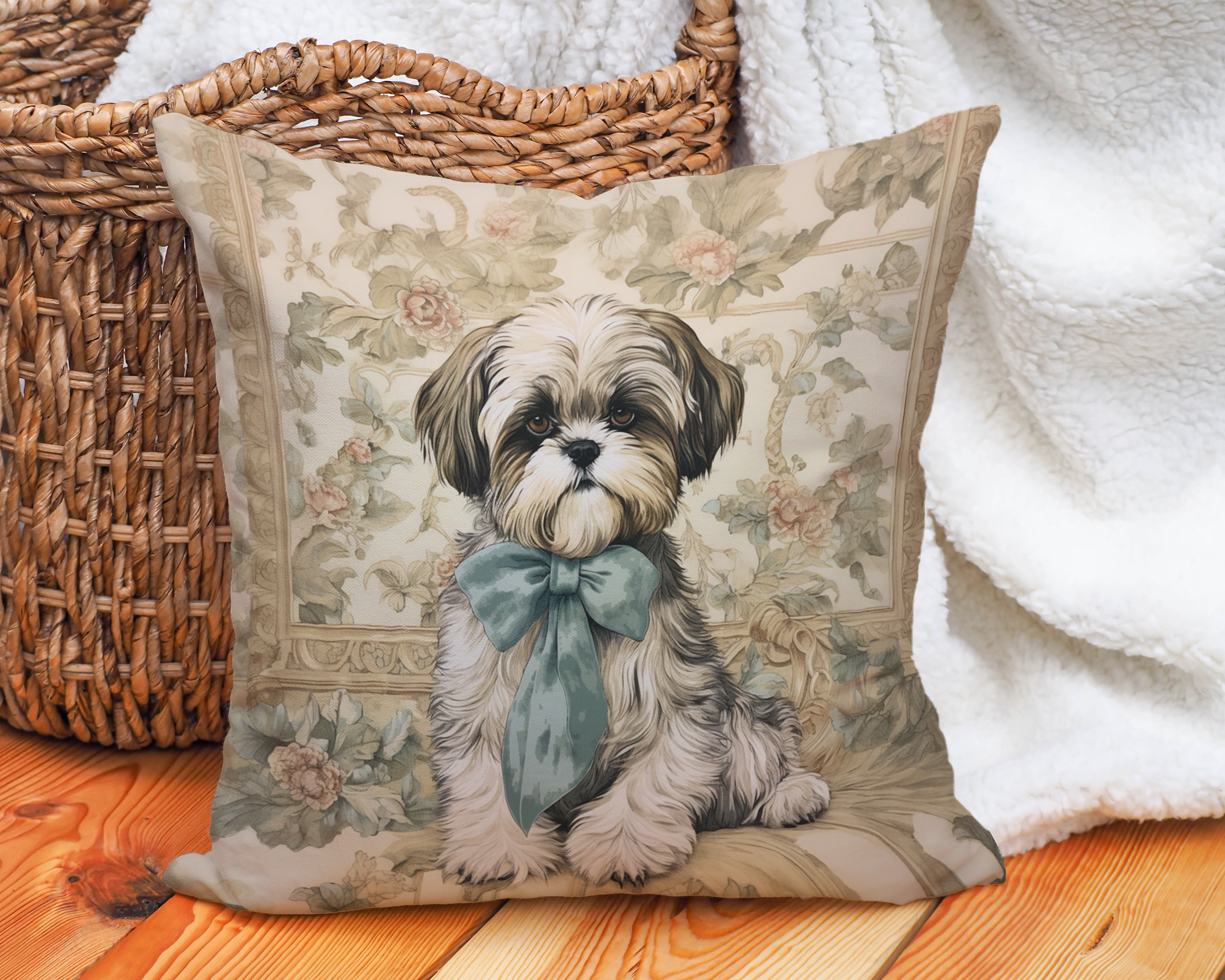 The Bow-Tied Shih Tzu Throw Pillow | Vintage Toile Dog Cushion - Darwin & Rose