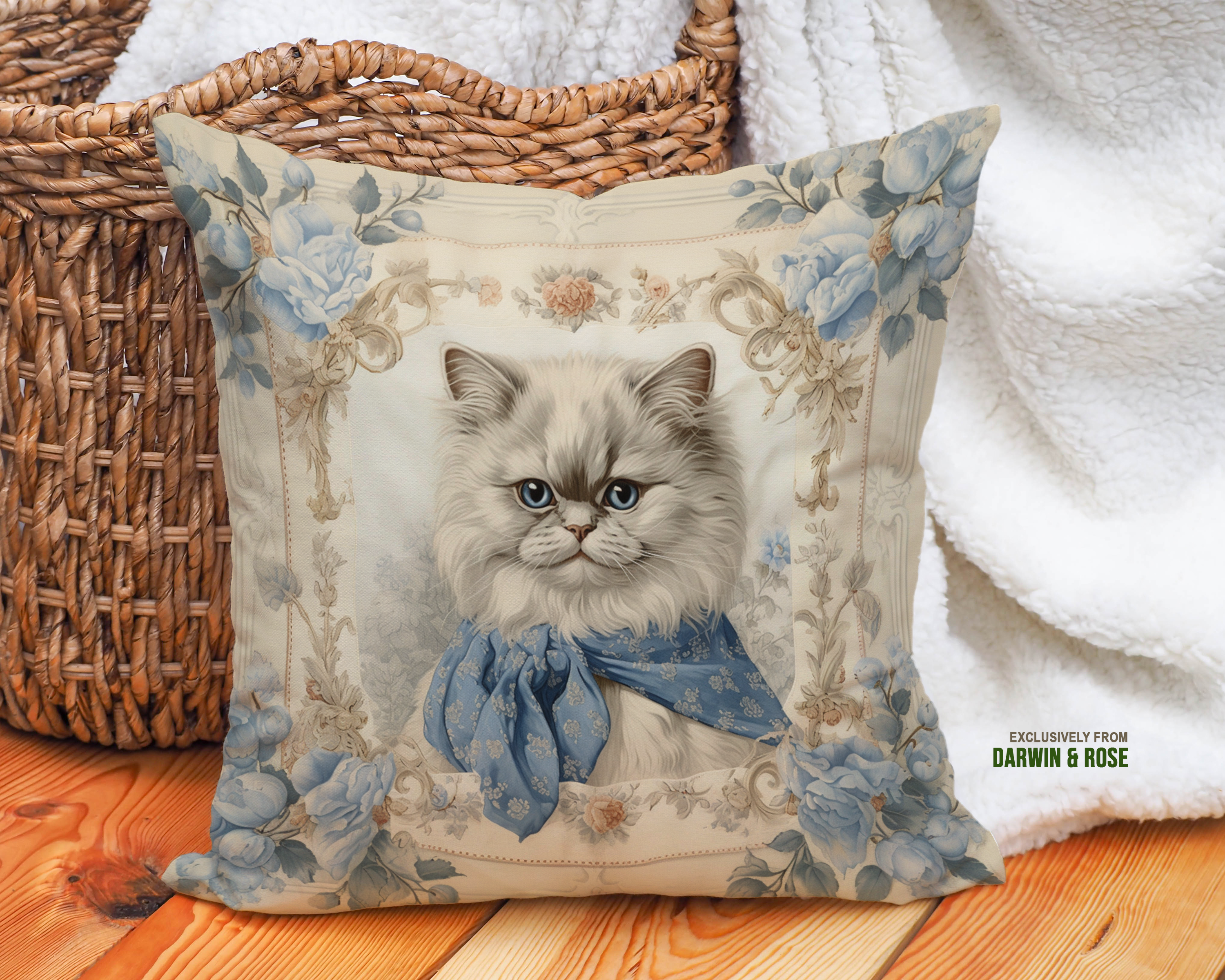 Persian Cat Elegance Throw Pillow – Vintage Floral Design