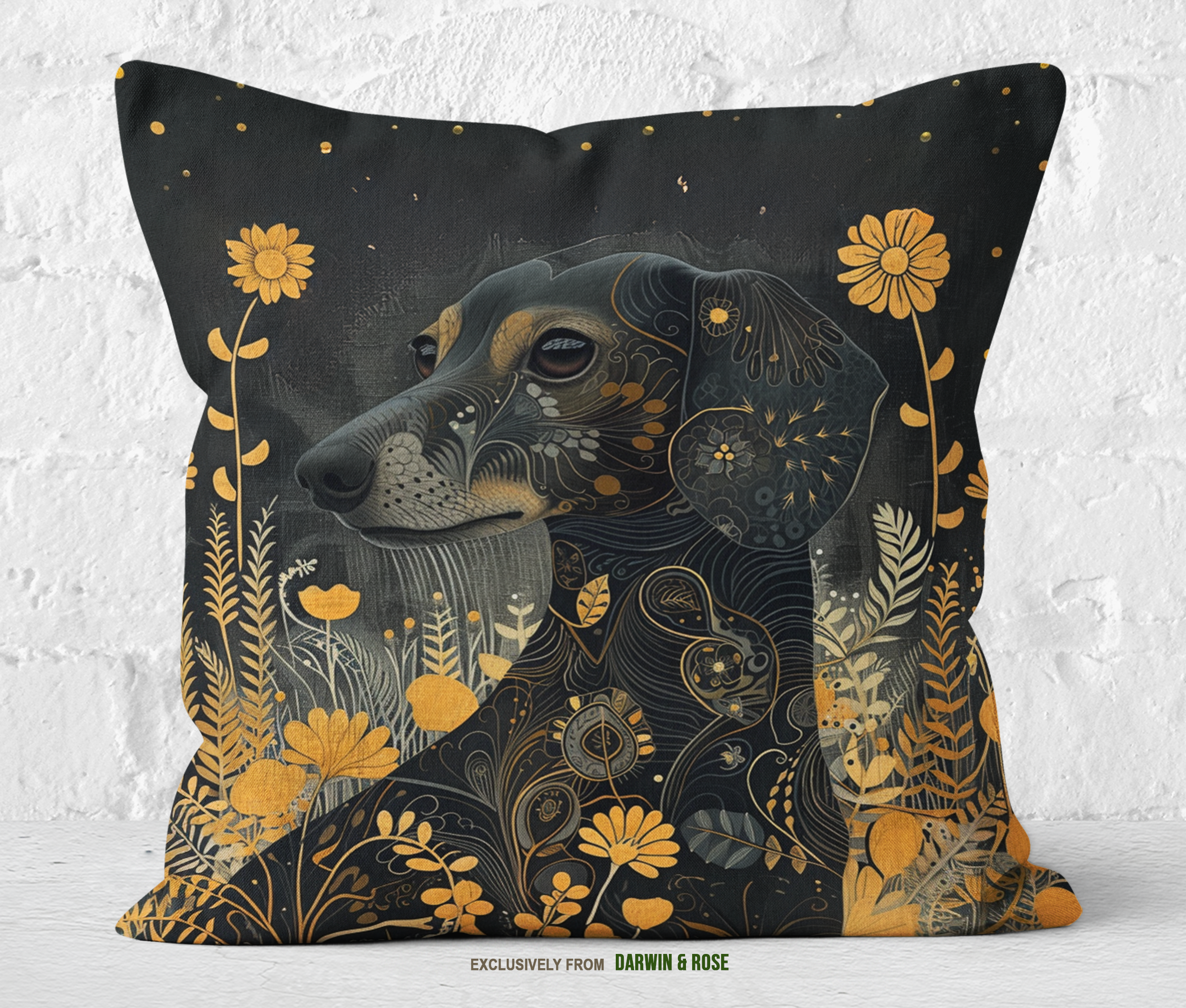 Whimsical Dachshund Throw Pillow – Boho Floral Design for Dog Lovers