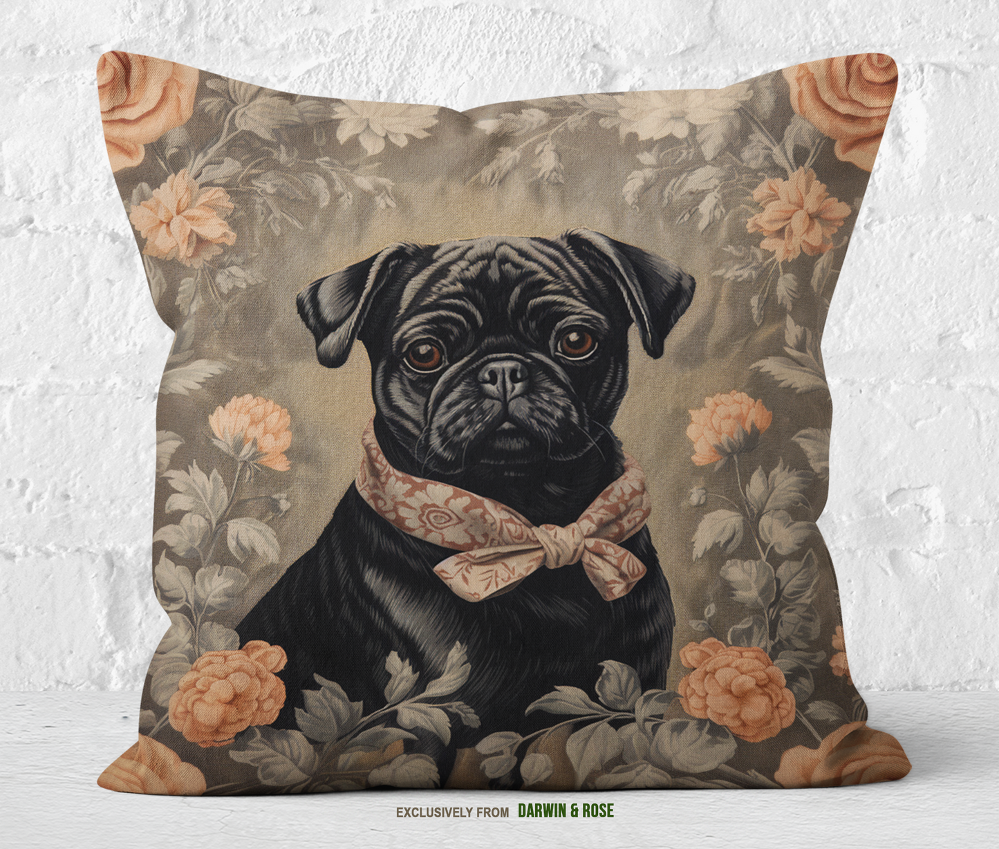 Elegant Pug-Inspired Floral Throw Pillow for Modern Home Décor