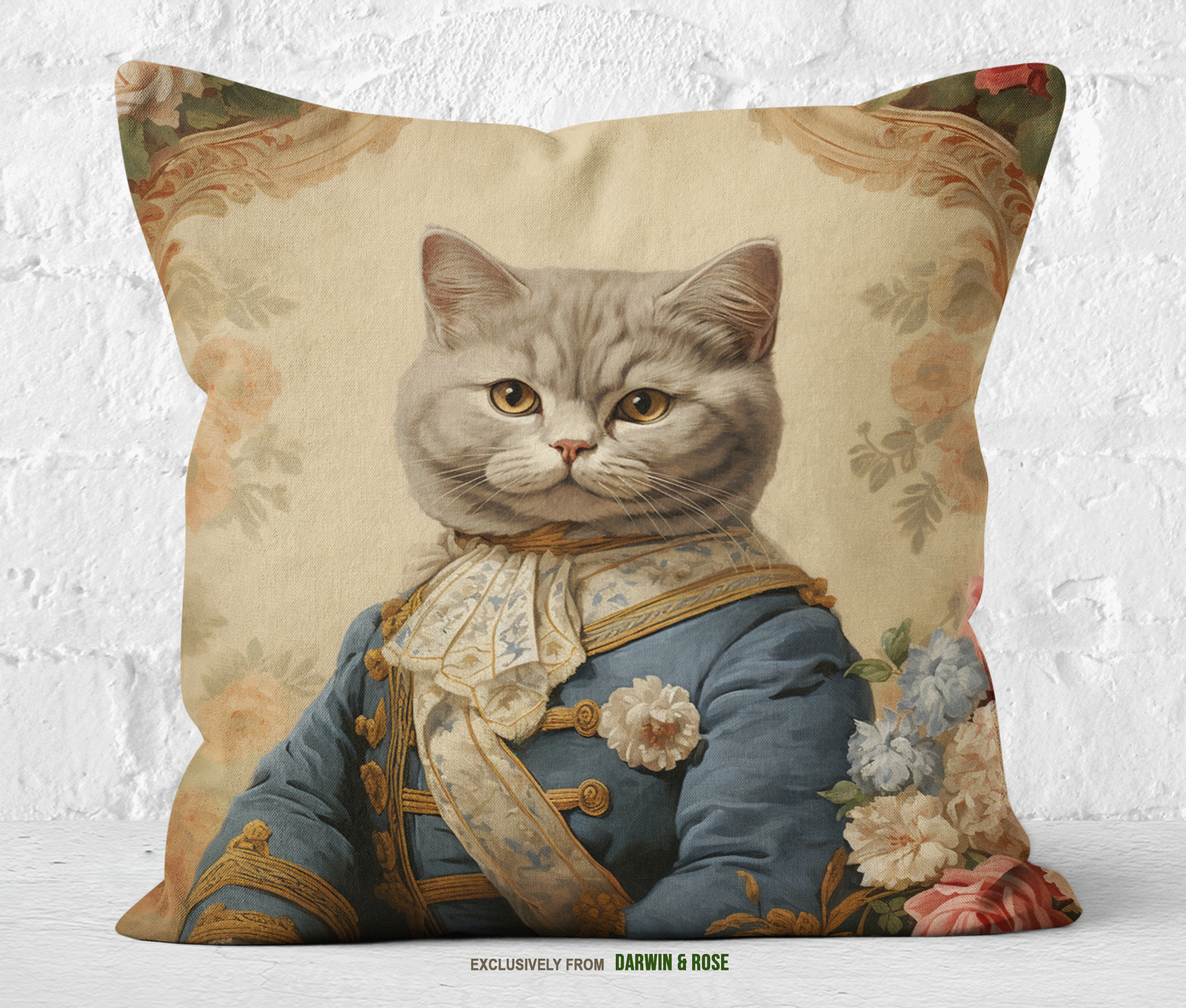 Regal British Shorthair Cat in Victorian Floral Style Throw Pillow