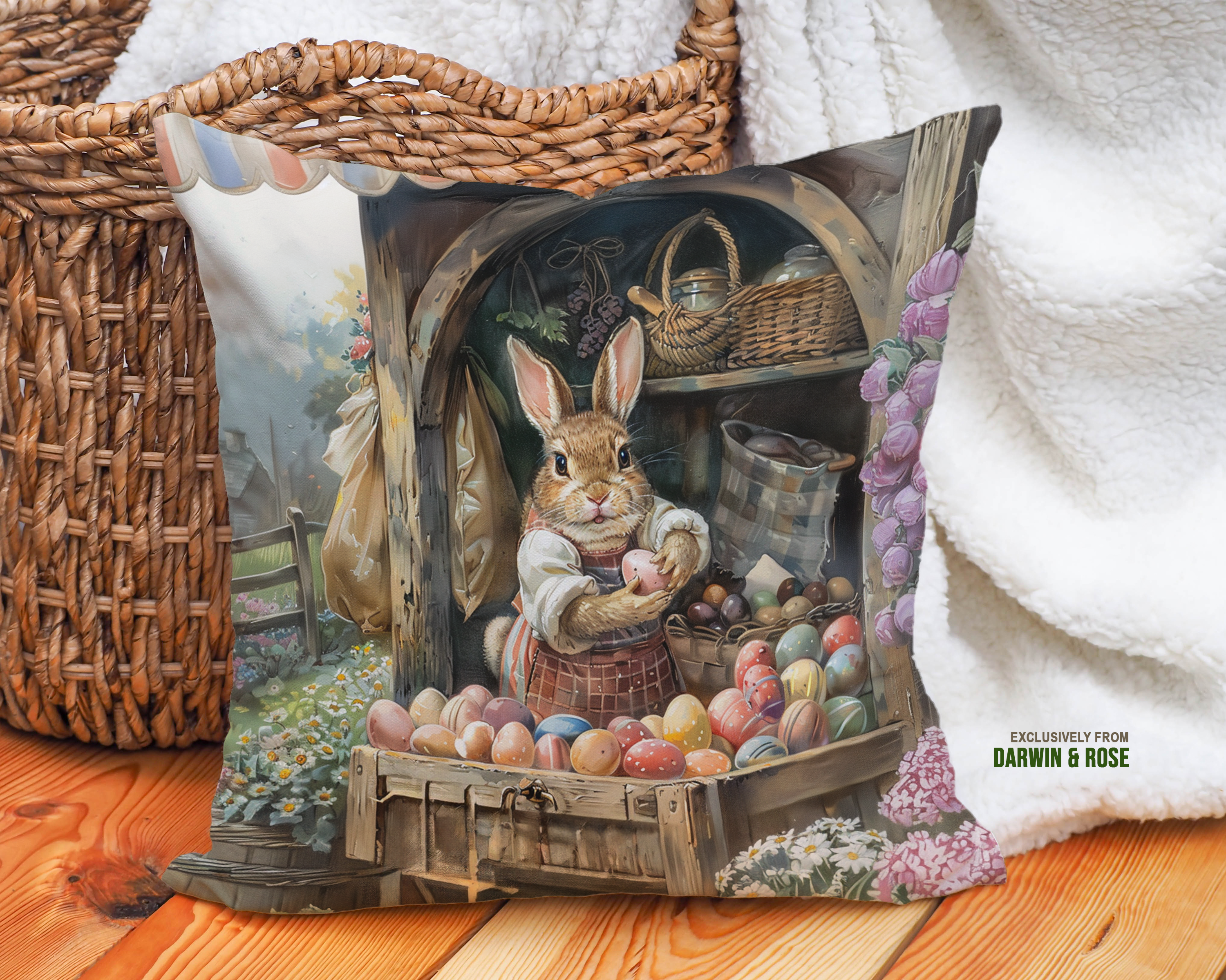 Easter Bunny's Rustic Market Throw Pillow - Farmhouse Spring Décor