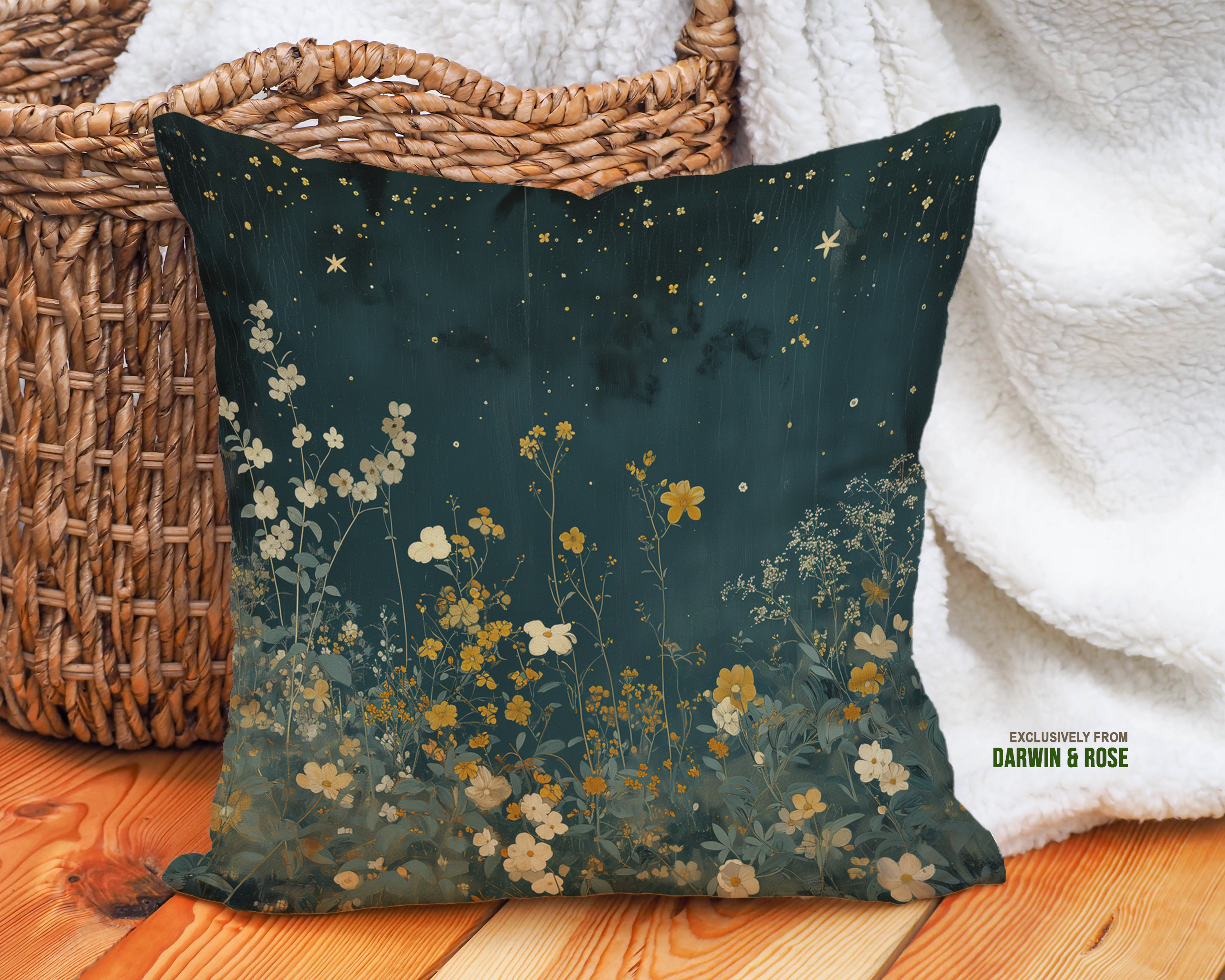 Starry Night Floral Boho Throw Pillow