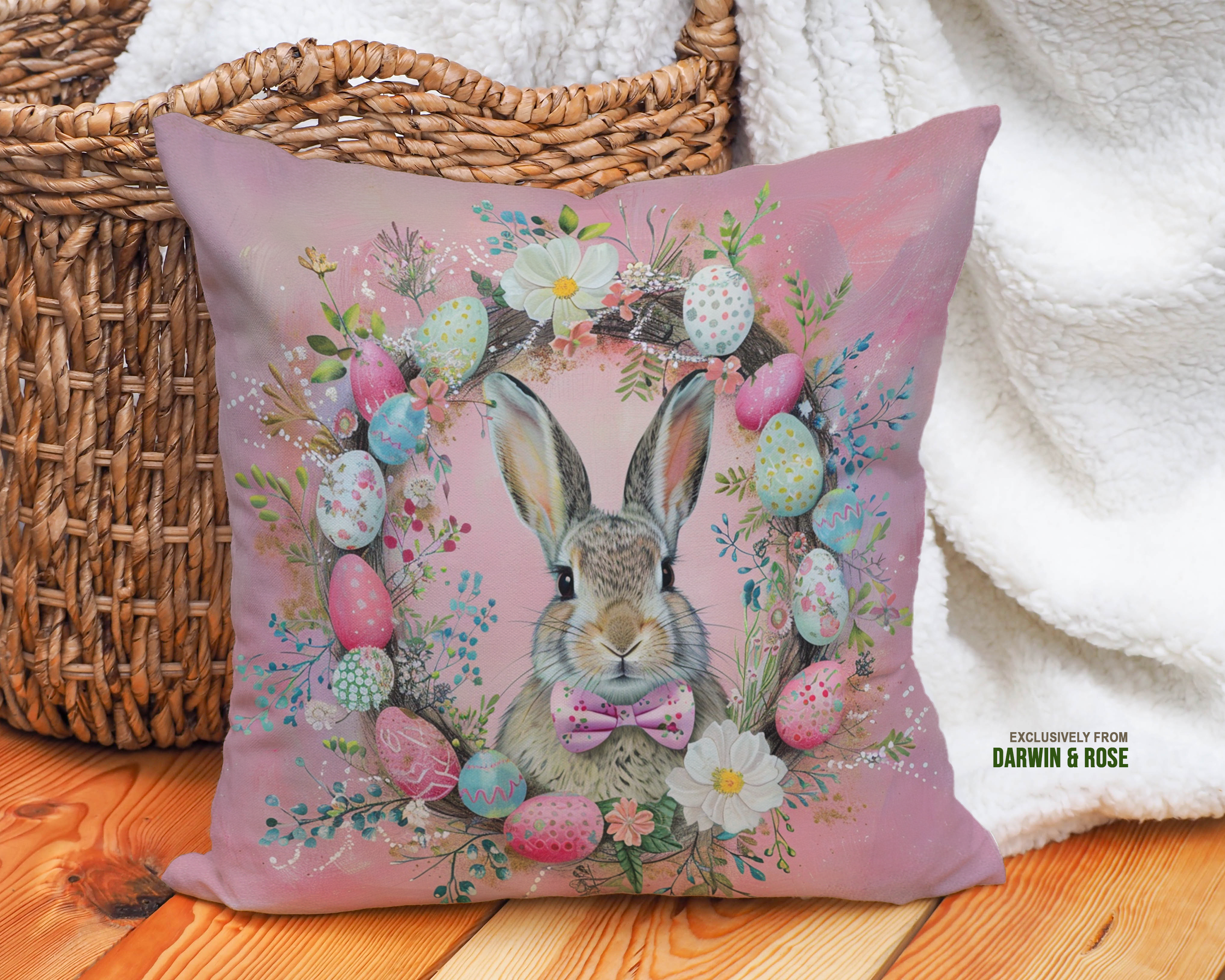 Easter Bunny Springtime Wreath Throw Pillow