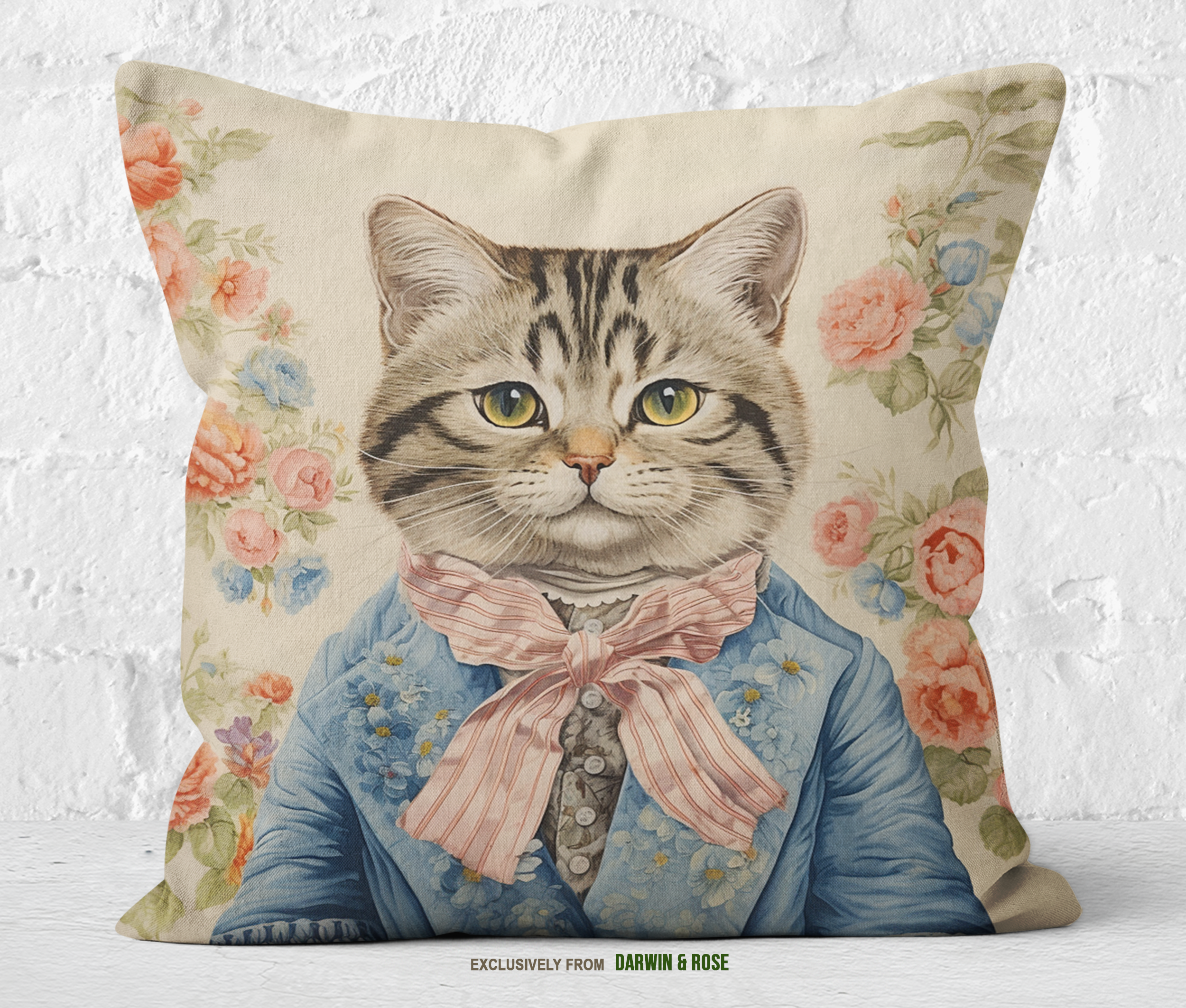 Regal American Shorthair Cat Throw Pillow – Vintage Floral Charm for Modern Homes