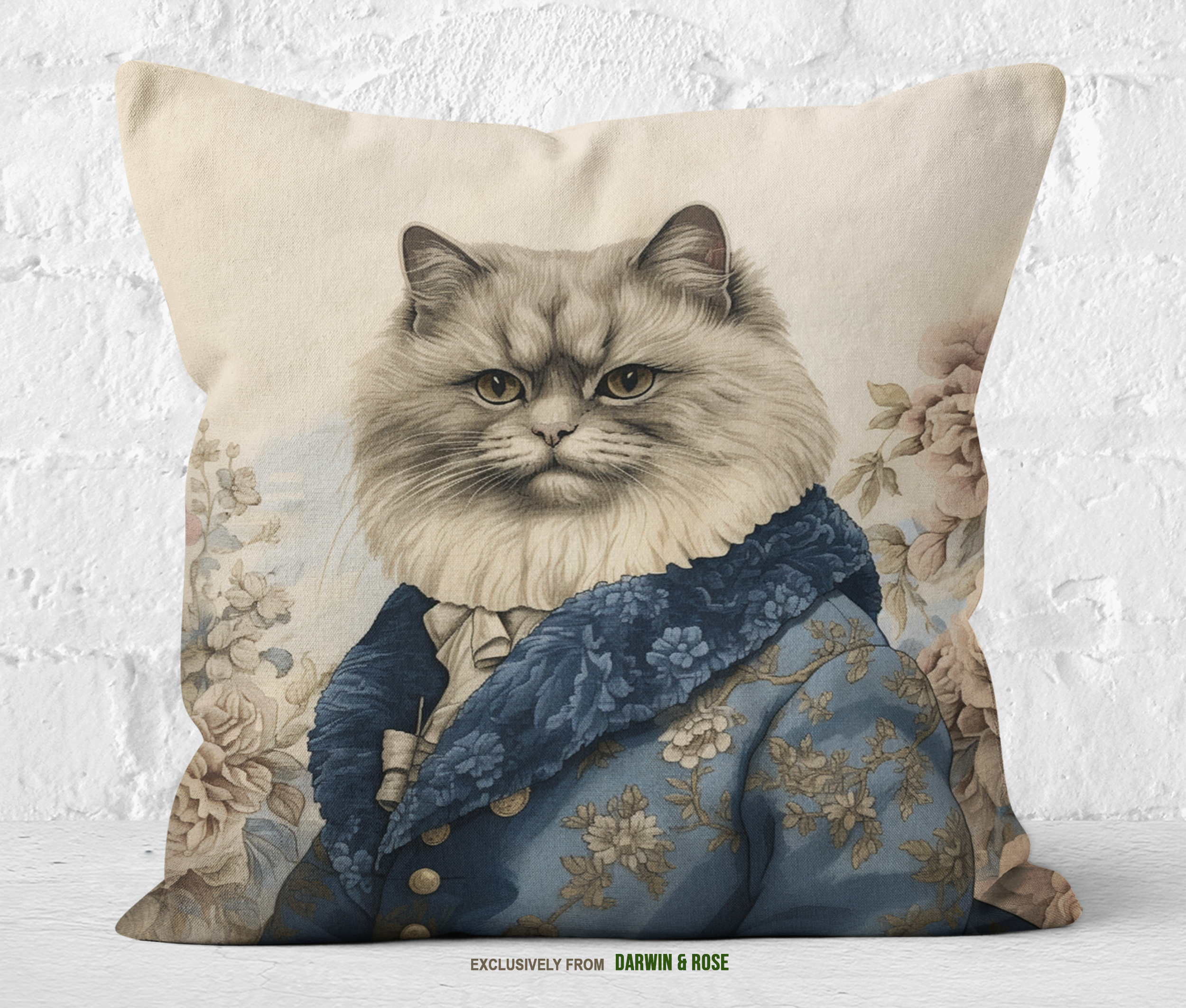 Regal Persian Cat Floral Portrait Pillow – Vintage Victorian Style