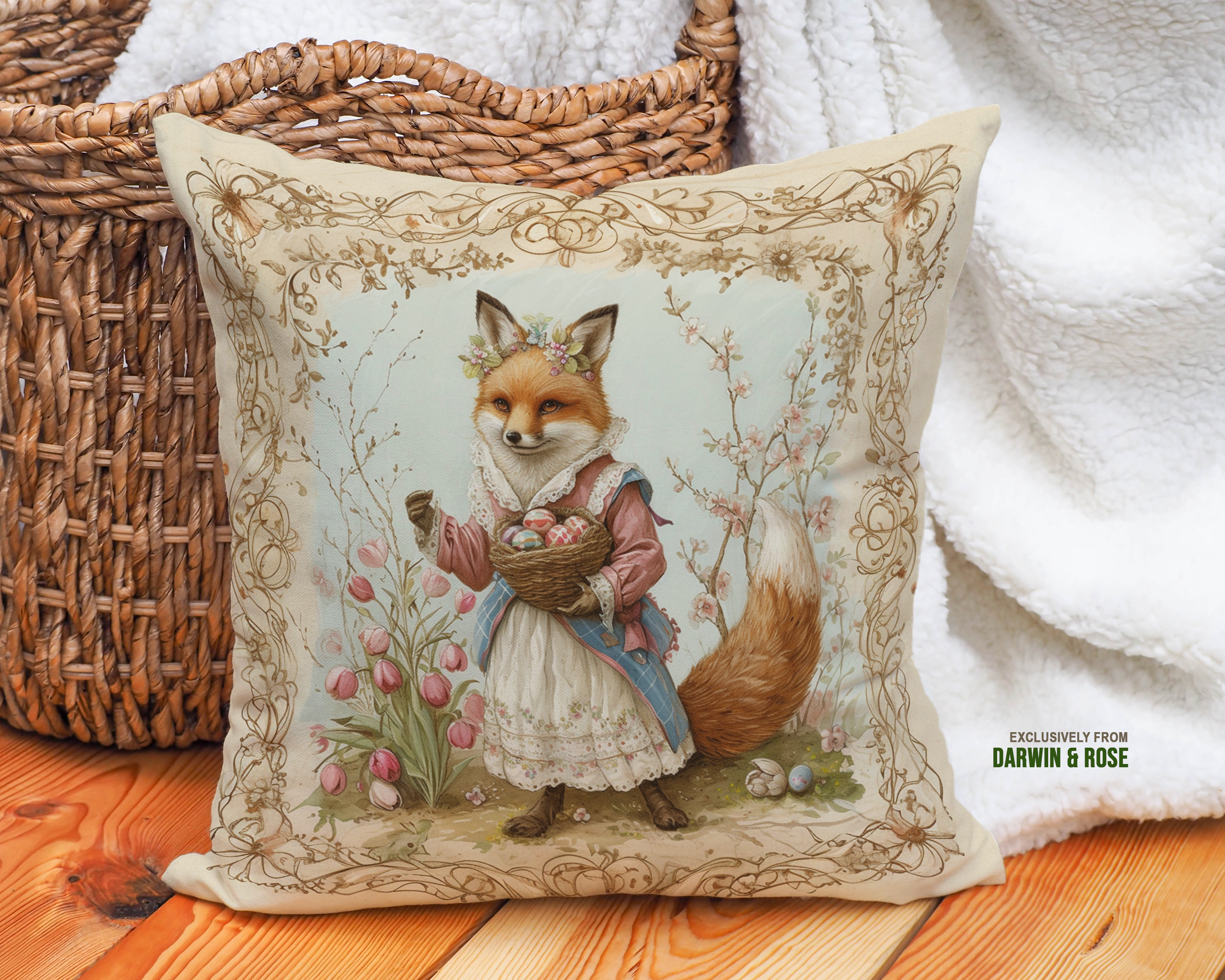 Vintage Easter Fox Throw Pillow – Cottagecore Spring Decor