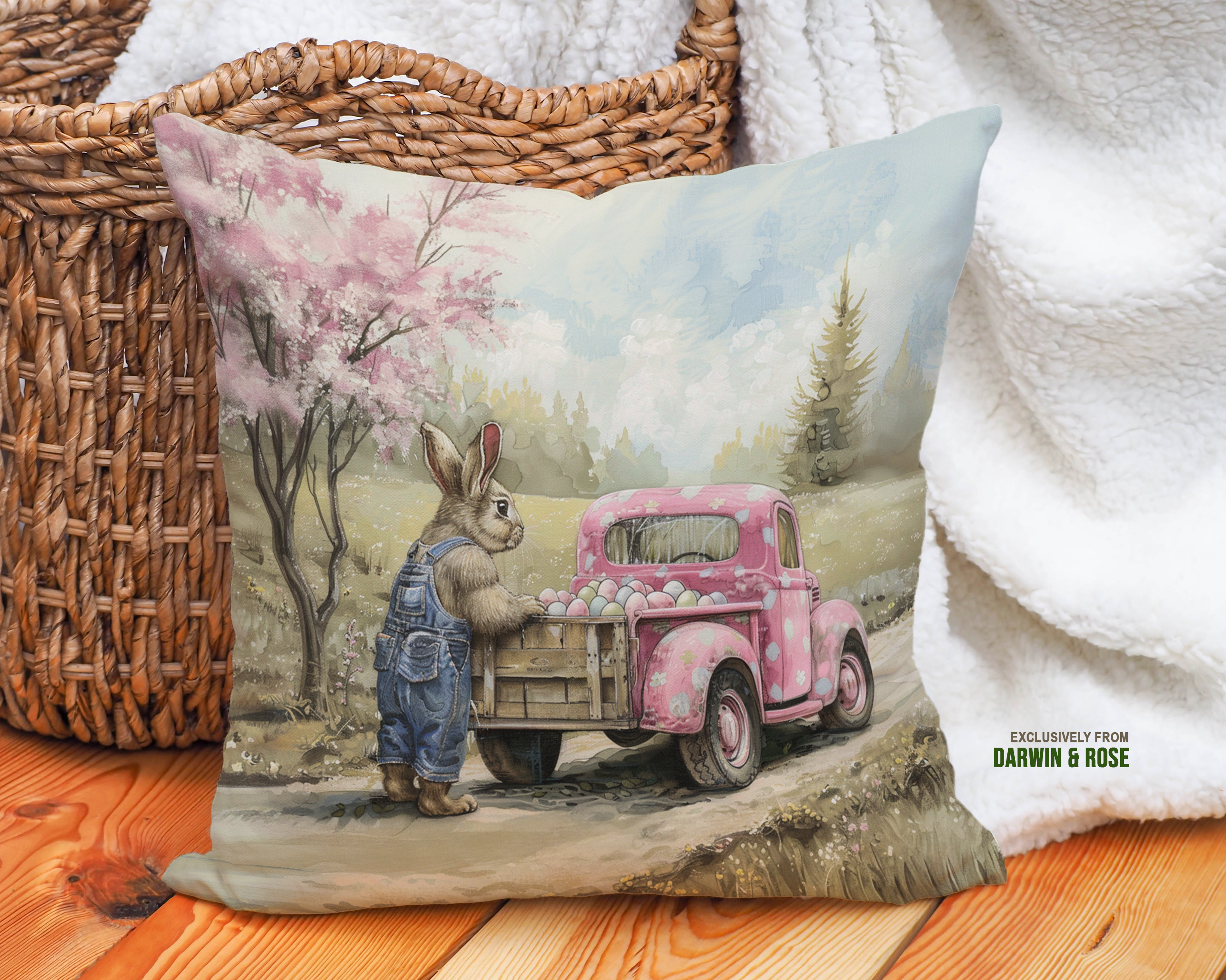 Vintage Easter Bunny and Pink Truck Throw Pillow