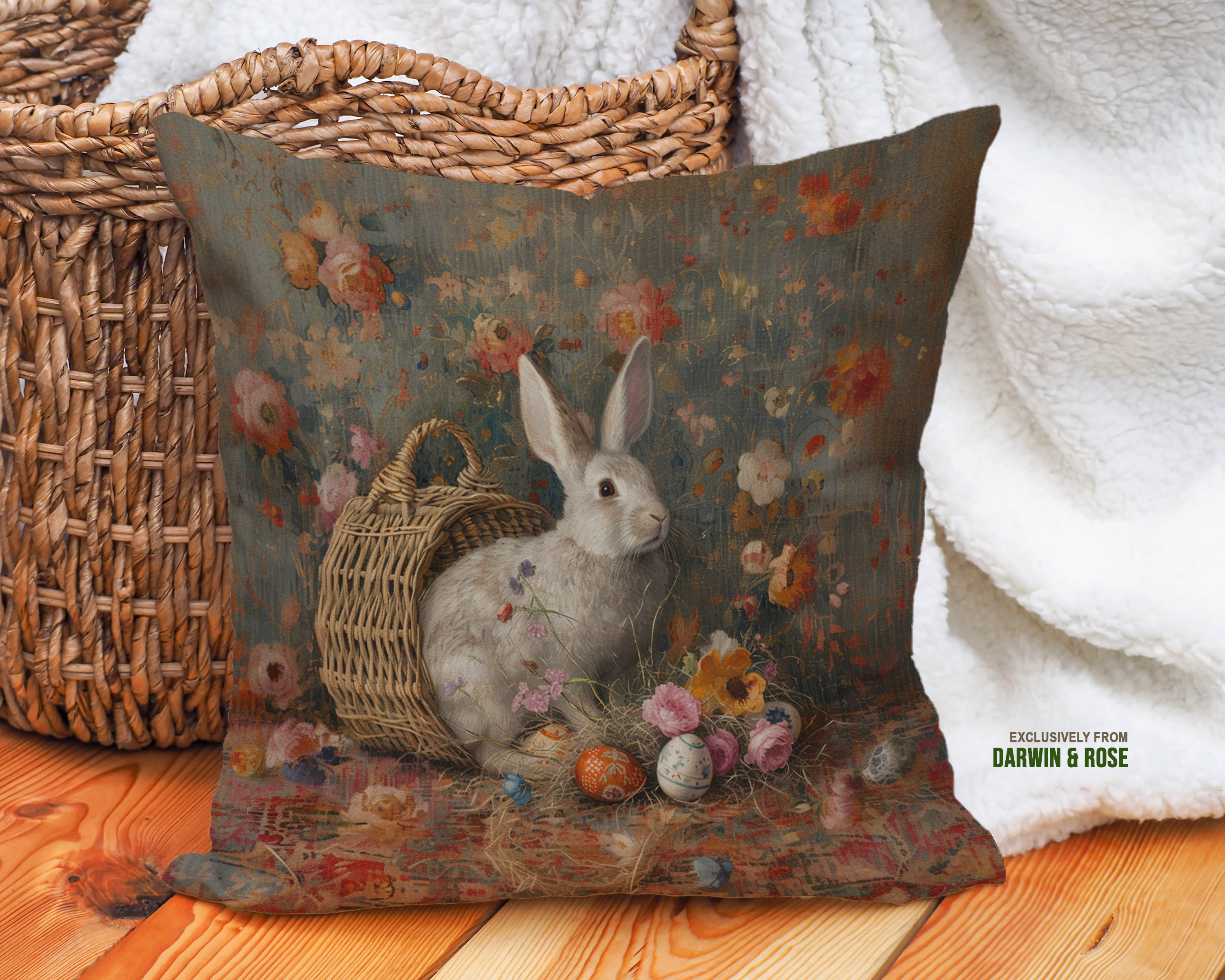 Vintage Easter Bunny Floral Throw Pillow - Rustic Farmhouse Spring Decor