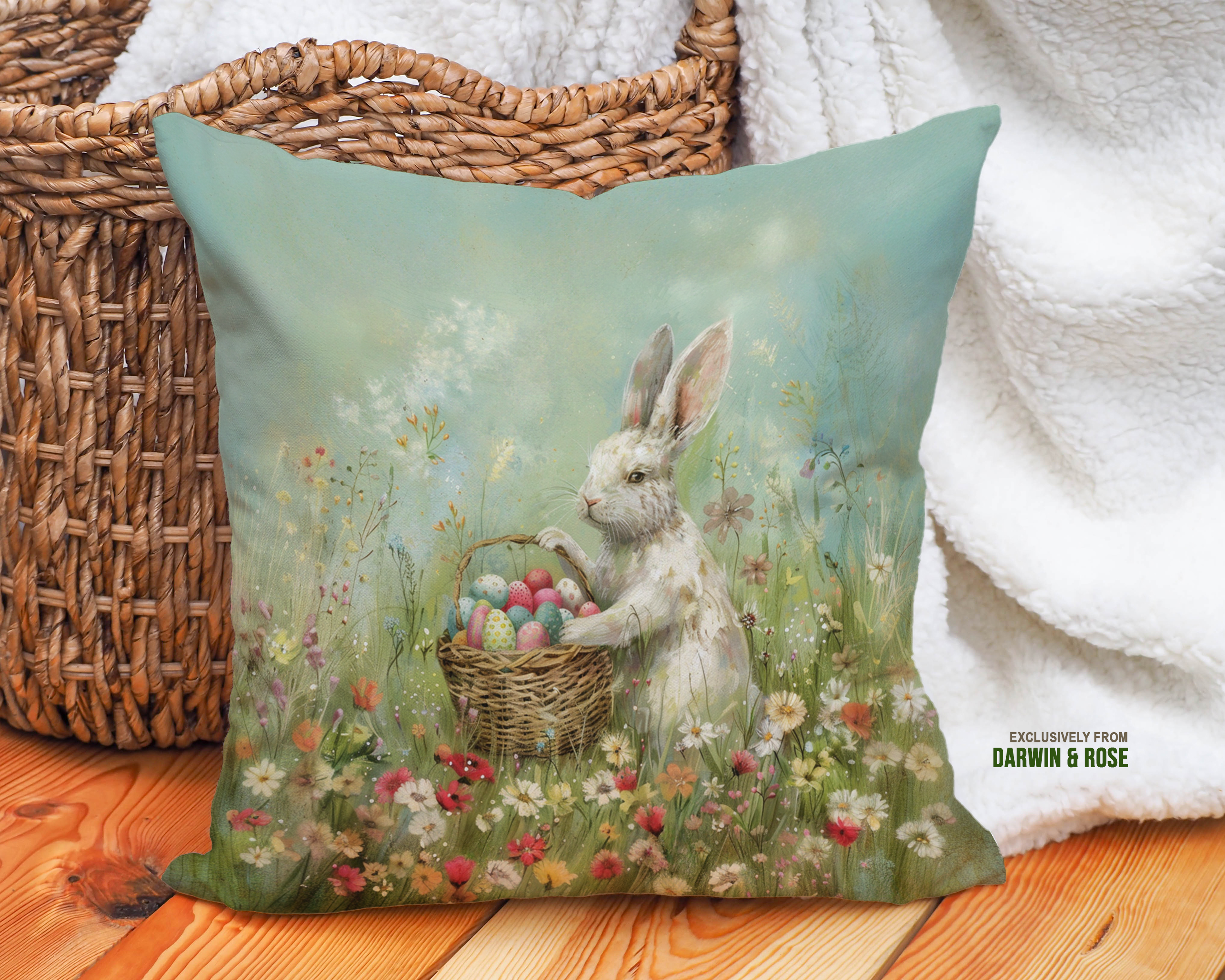 Spring Meadow Easter Bunny Throw Pillow