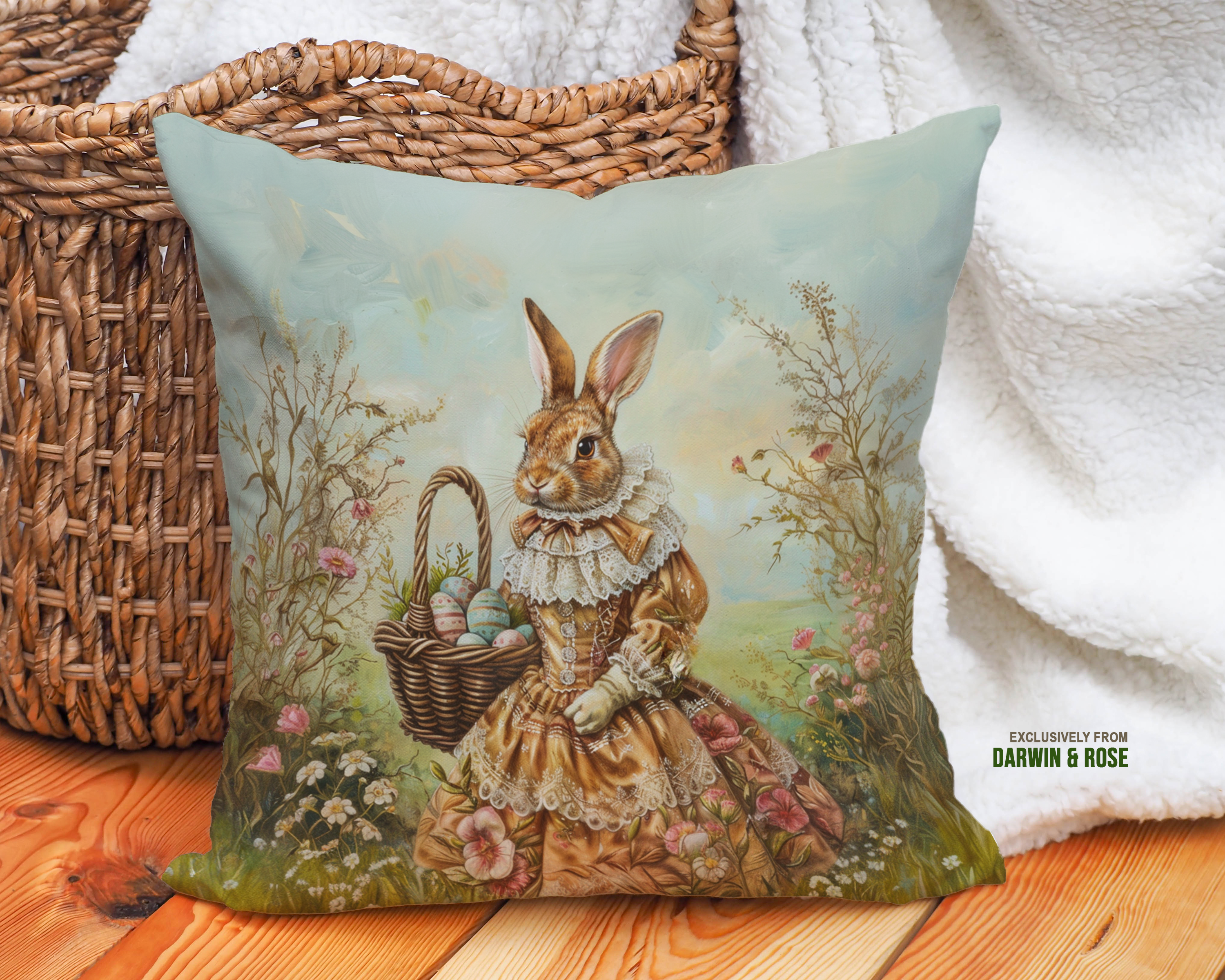 Vintage Easter Bunny in Lace Dress Throw Pillow - Cottagecore Spring Decor
