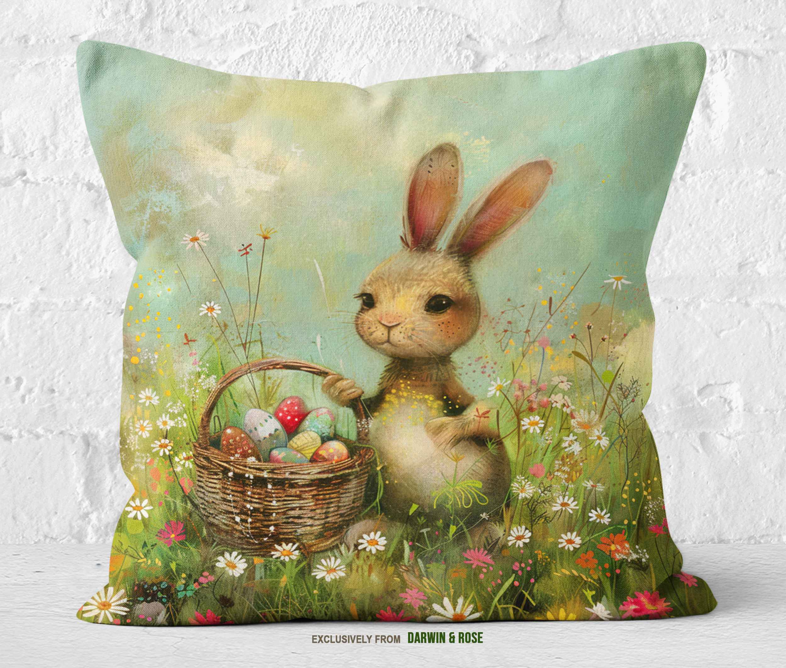 Easter Bunny in a Spring Meadow Throw Pillow