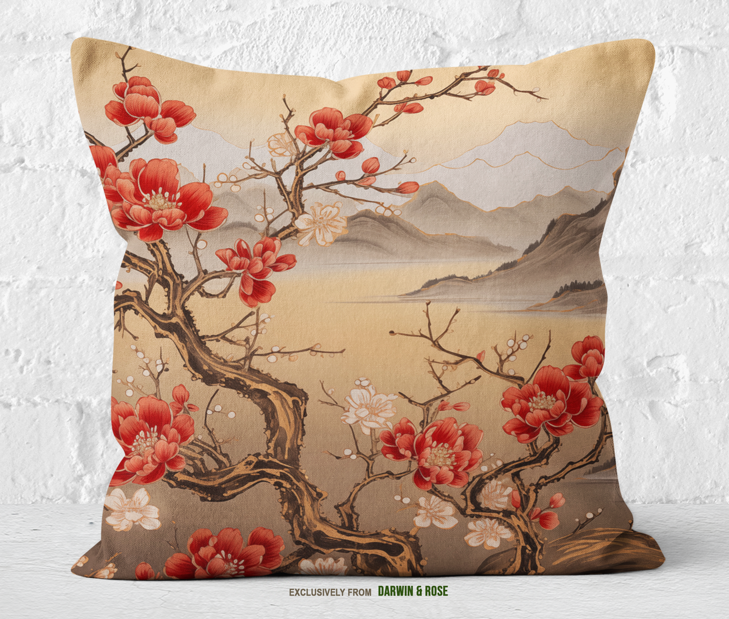 Golden Elegance Cherry Blossom Throw Pillow – Asian-Inspired Modern Decor
