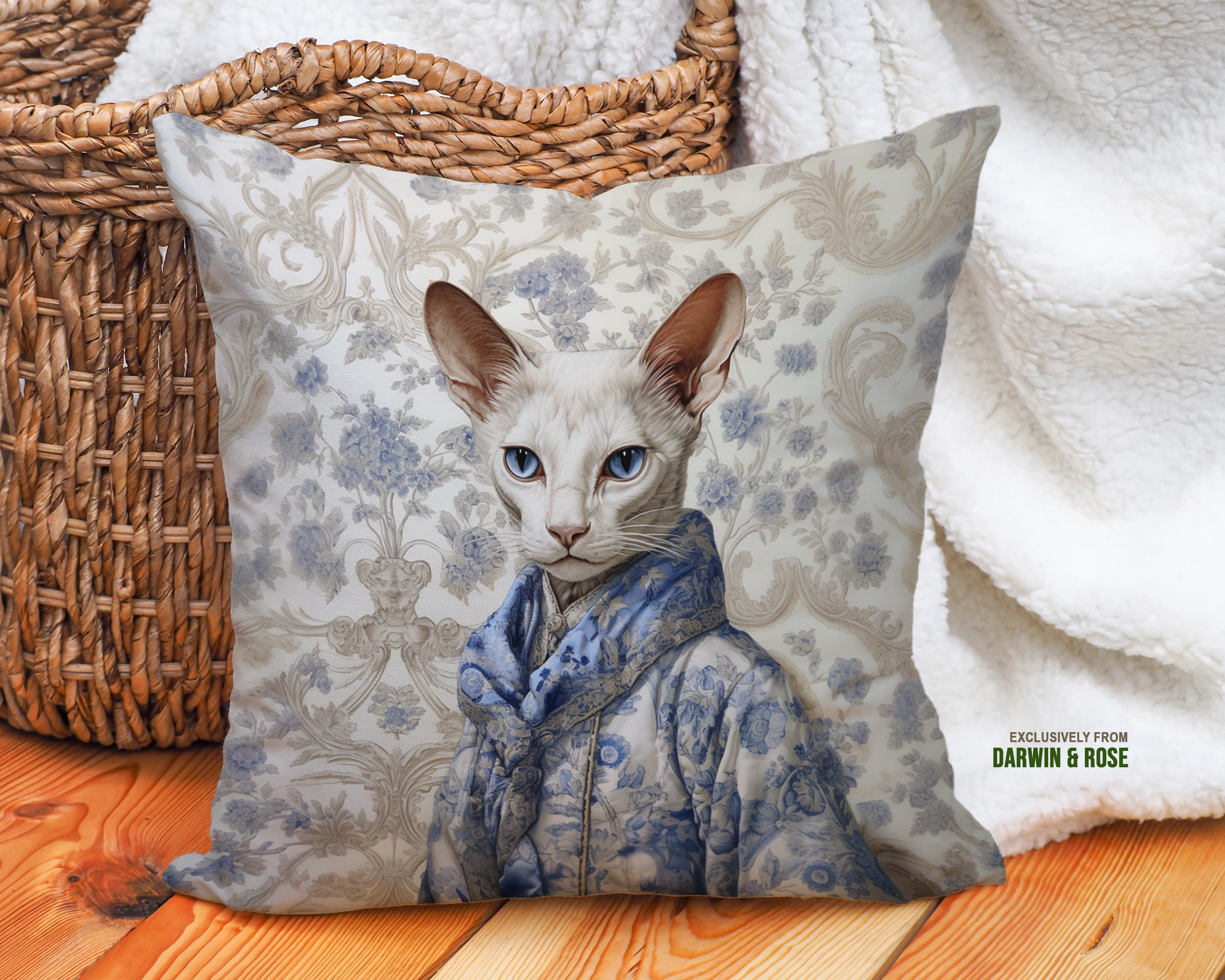 Regal Oriental Cat in Blue Toile Modern Throw Pillow
