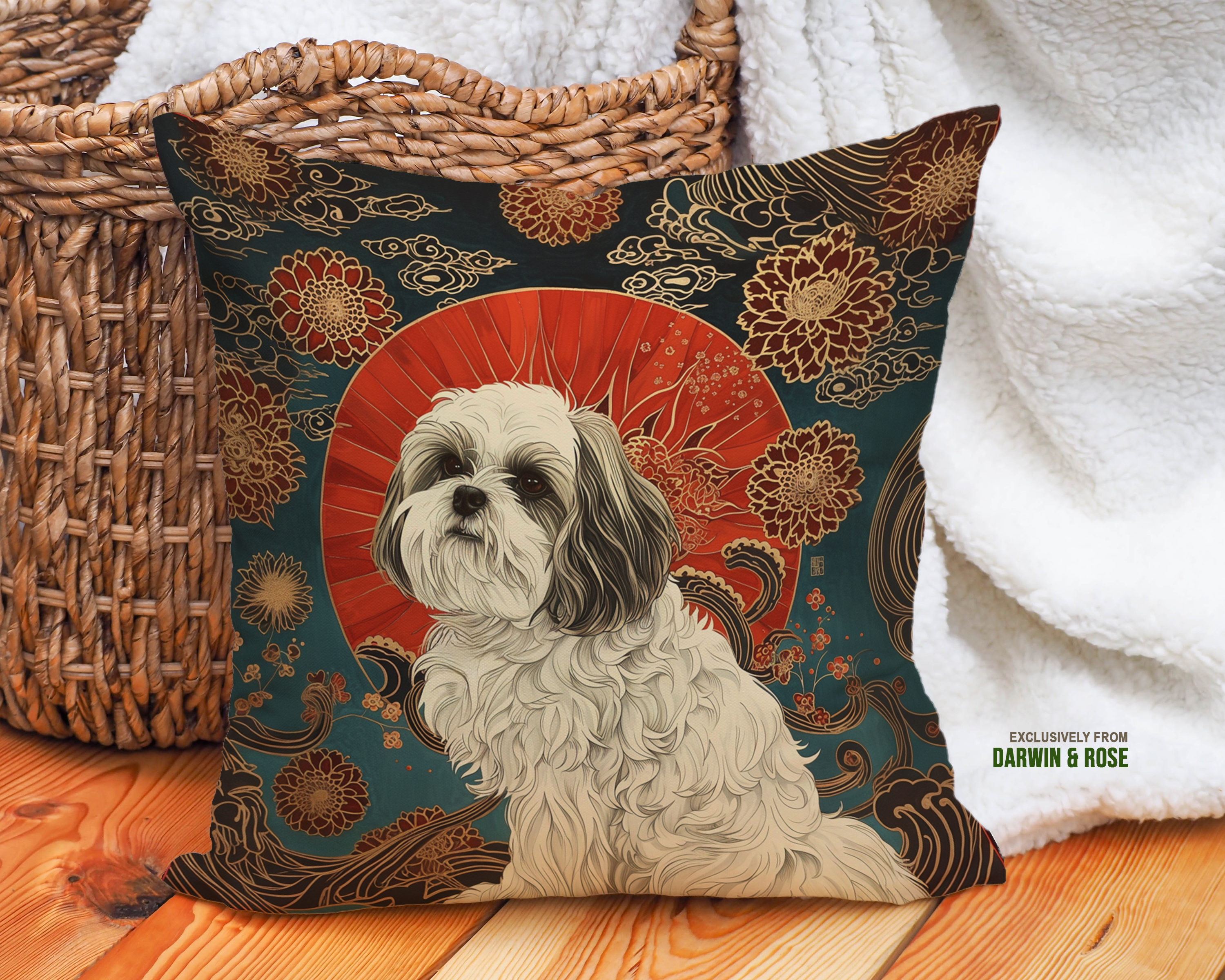 Lhasa Apso Boho Chic Throw Pillow – Vibrant Floral Oriental Design