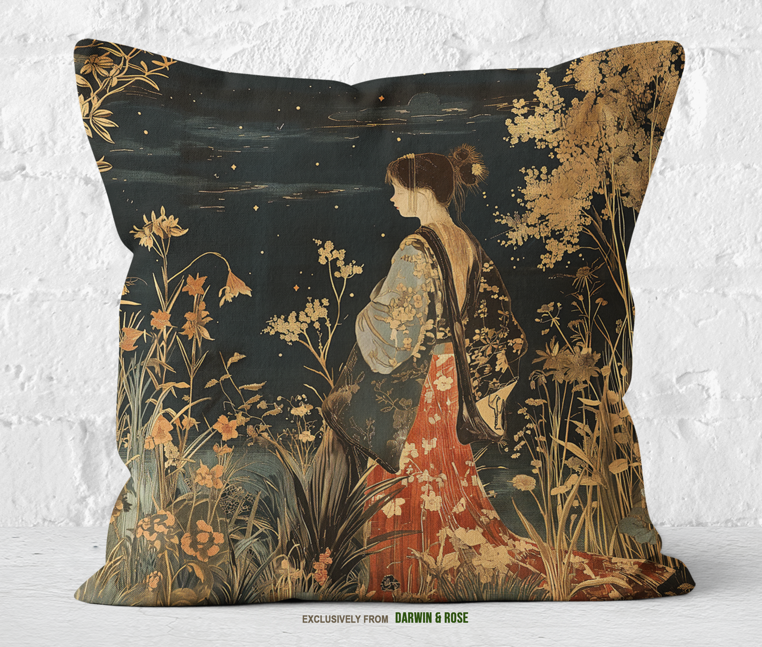 Starry Boho Night Floral Throw Pillow – Elegant Vintage Design