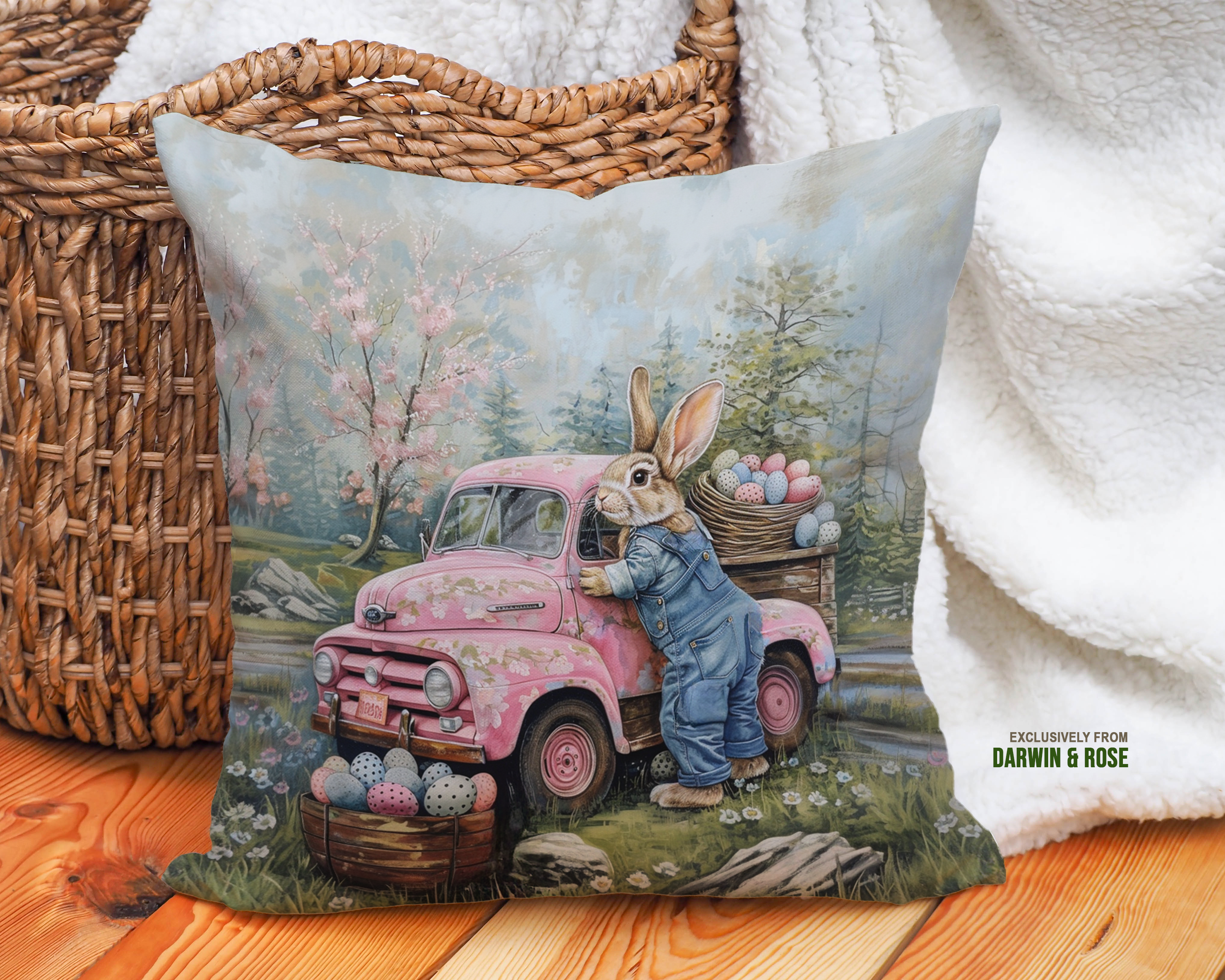Vintage Easter Bunny Throw Pillow – Pink Farmhouse Truck Scene