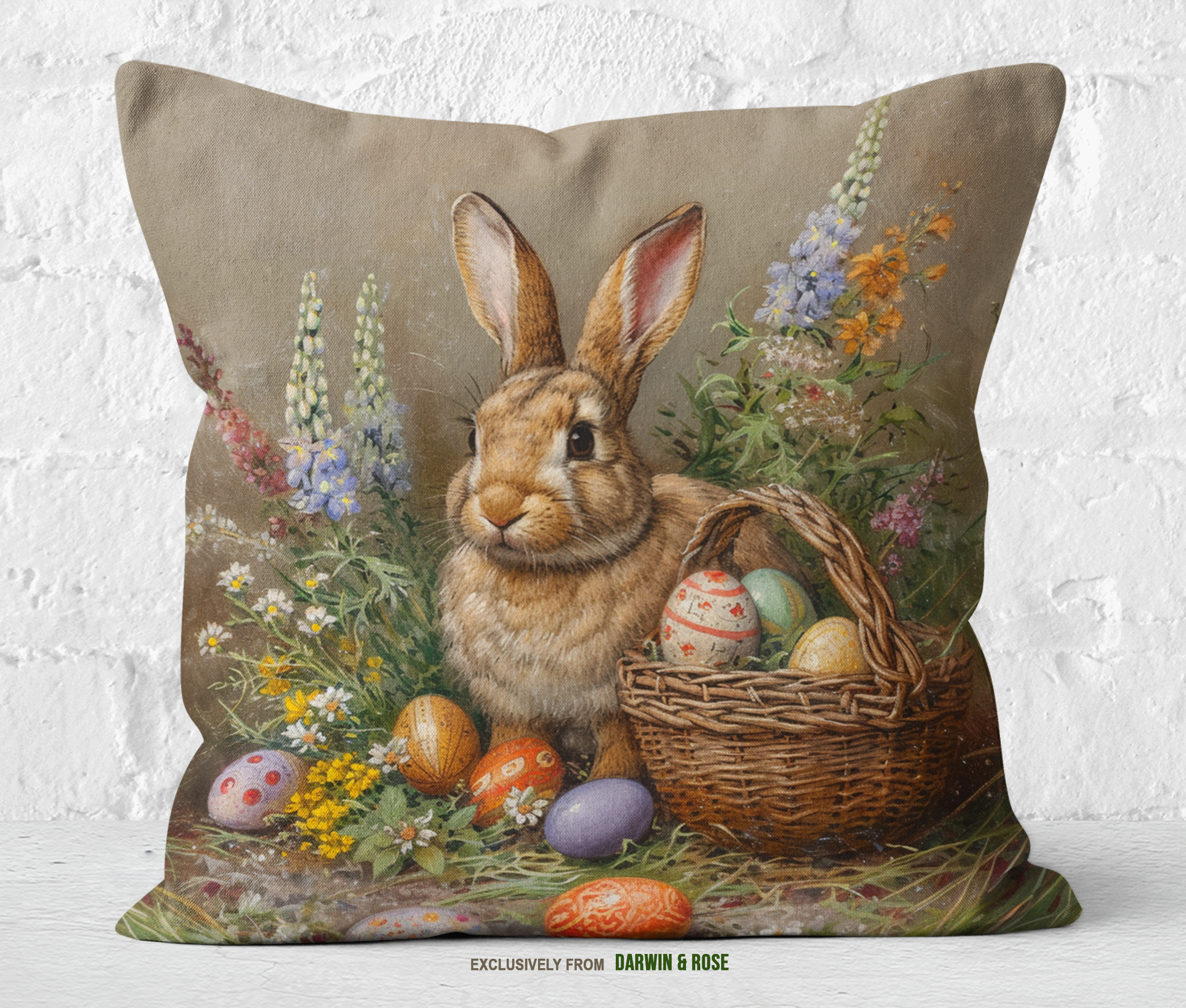 Easter Bunny Meadow Throw Pillow – Rustic Farmhouse Decor