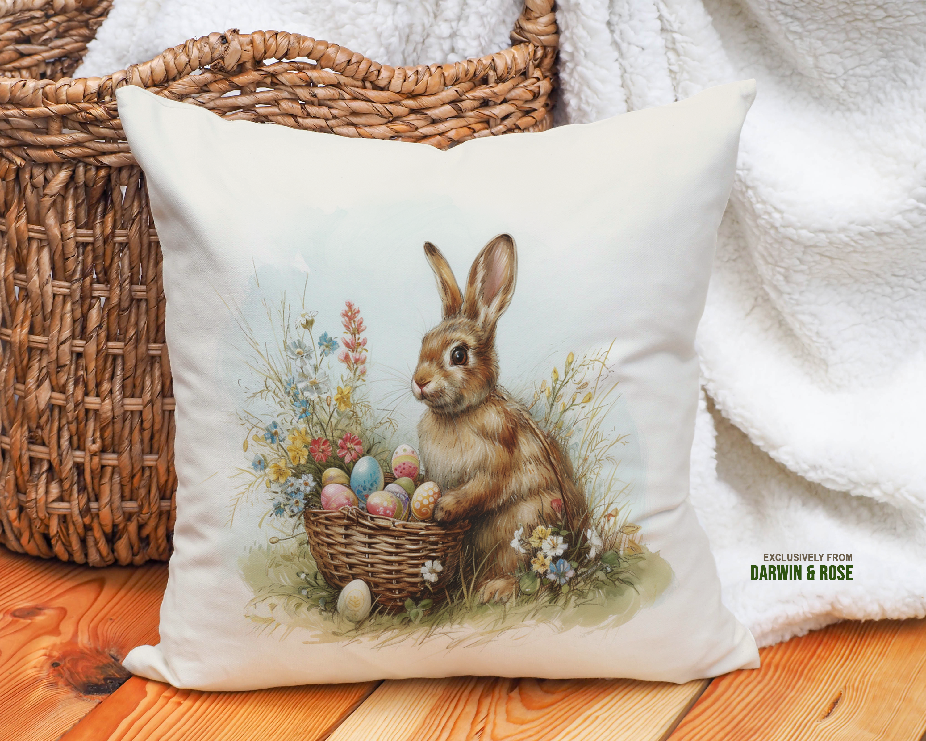 Easter Bunny Meadow Throw Pillow – Whimsical Spring Decor