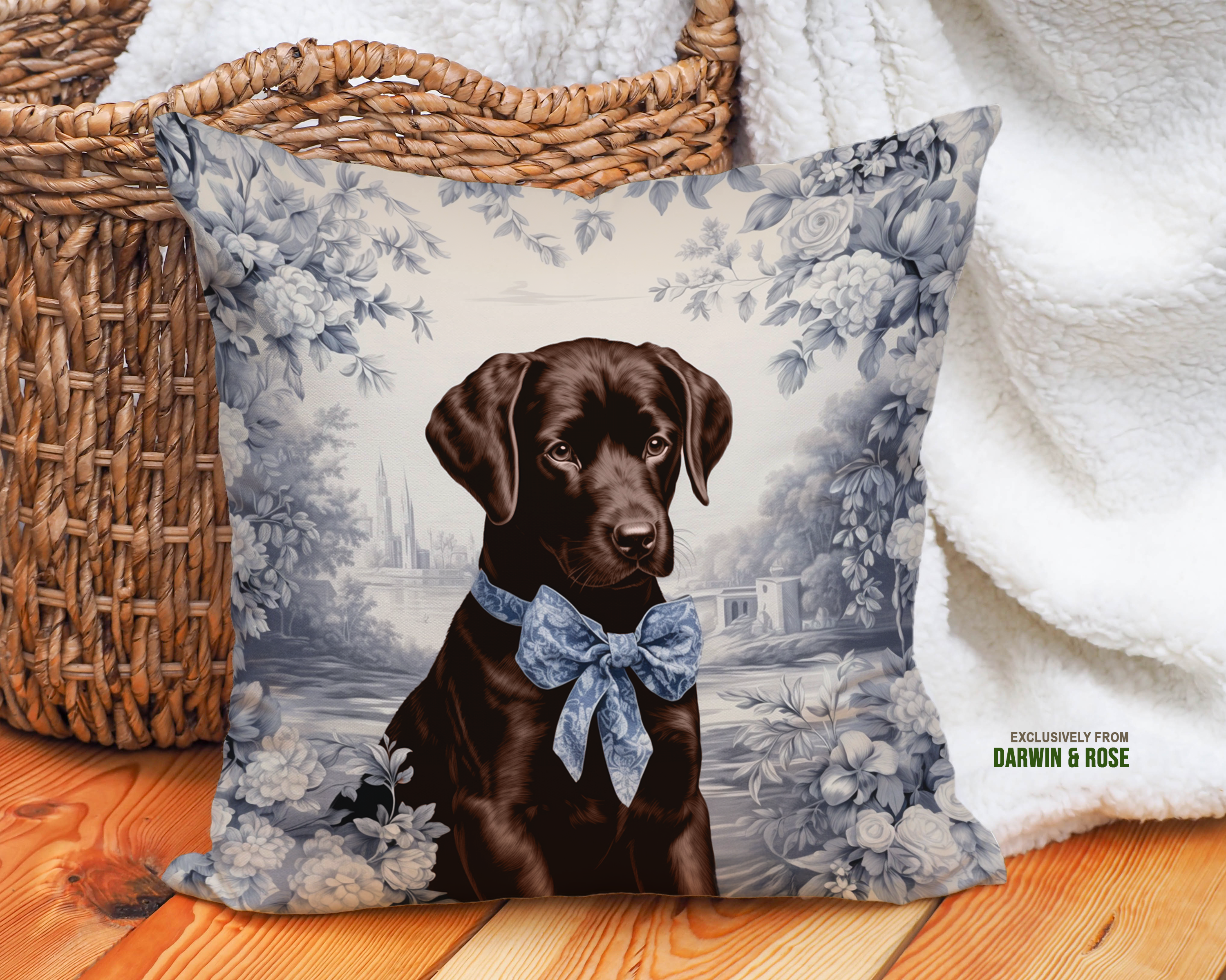 Chocolate Lab Elegance: Vintage Floral Throw Pillow