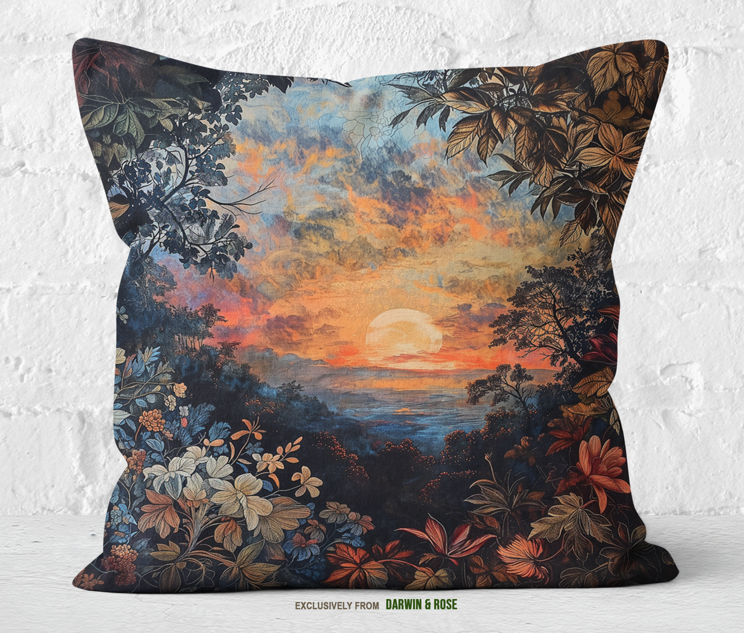 Sunset Serenity Boho Throw Pillow with Floral Landscape Design