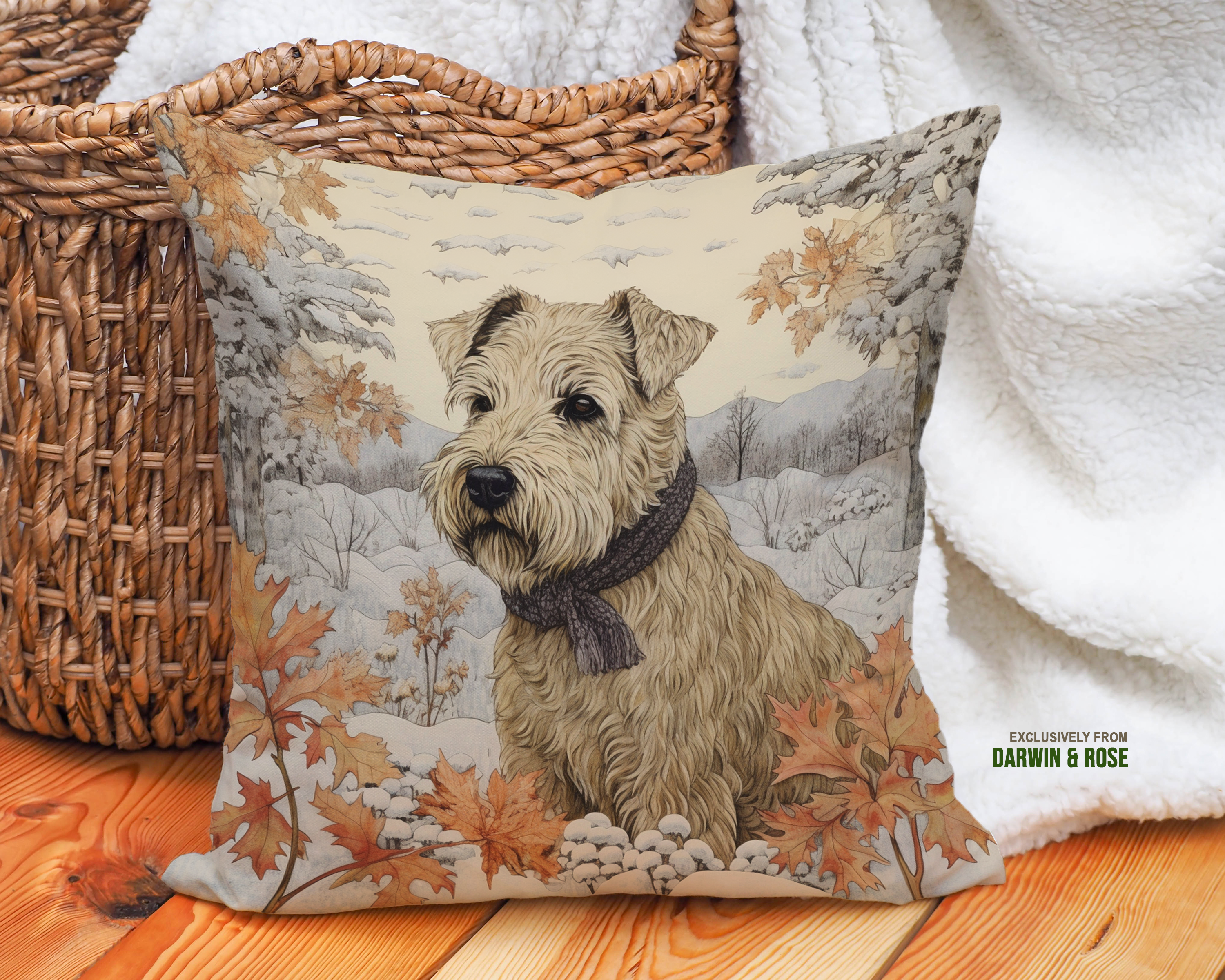 Cozy Winter Wheaten Terrier Throw Pillow – Rustic Farmhouse Charm