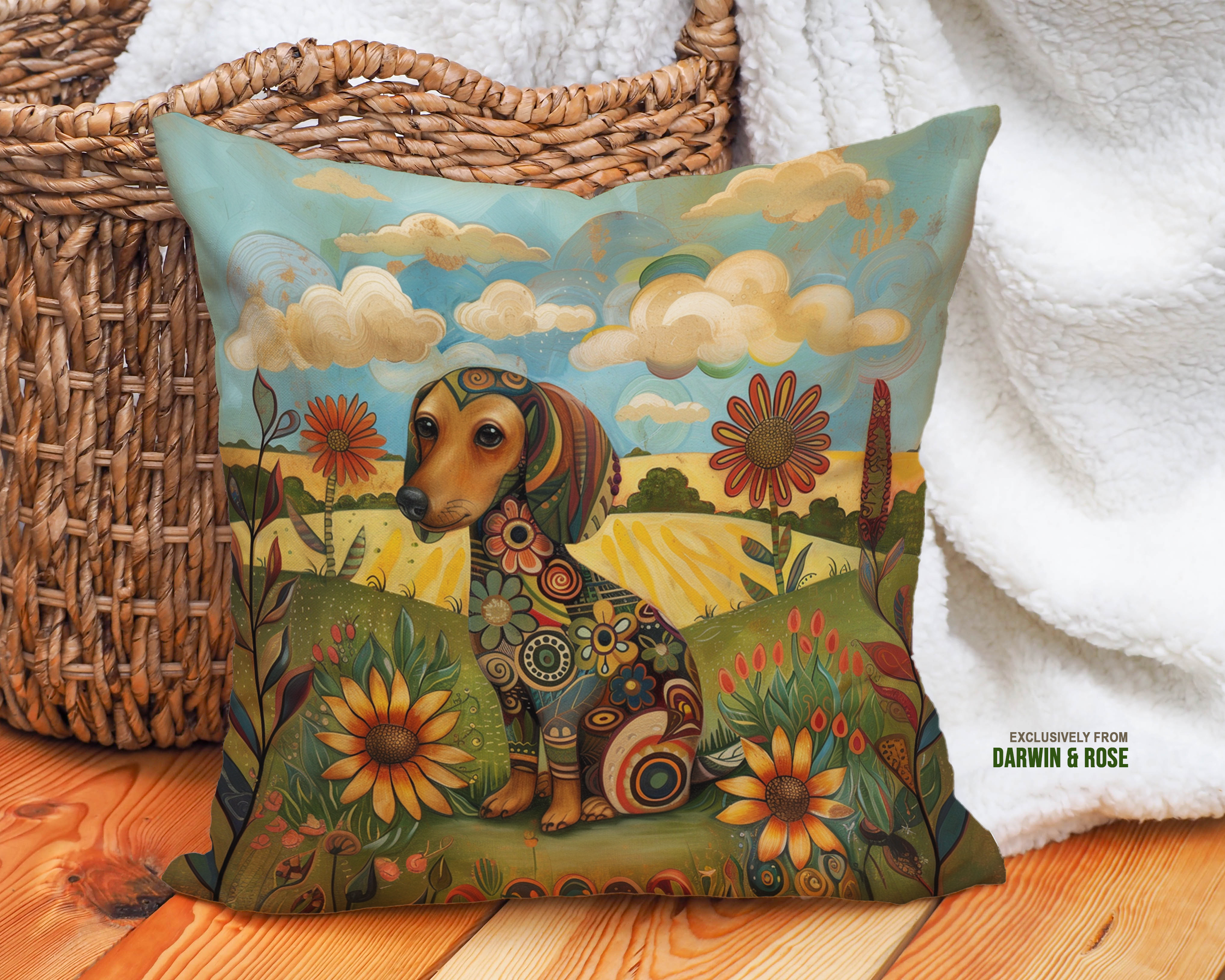 Boho Floral Dachshund Throw Pillow – Whimsical Farmhouse Charm