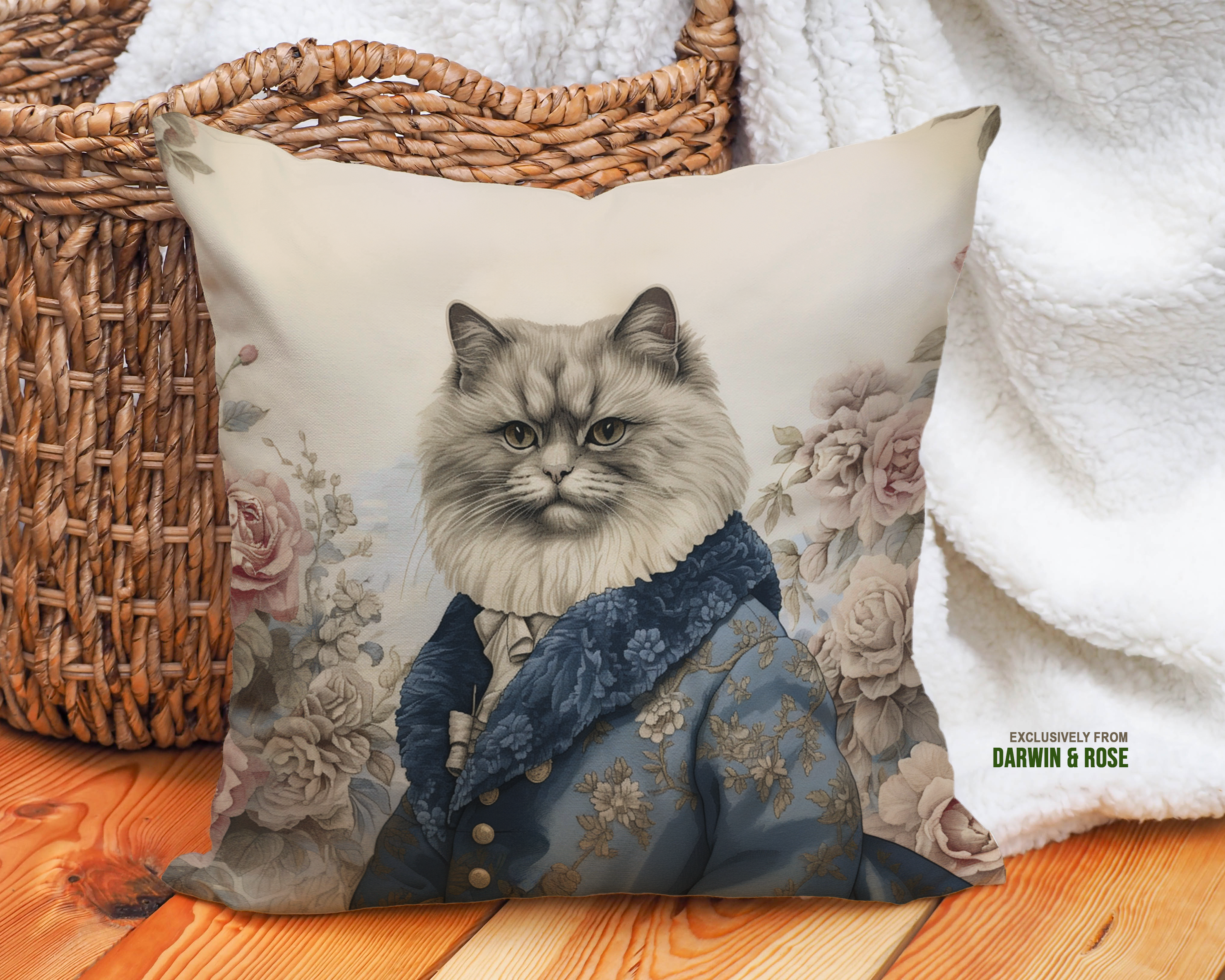 Regal Persian Cat Floral Portrait Pillow – Vintage Victorian Style