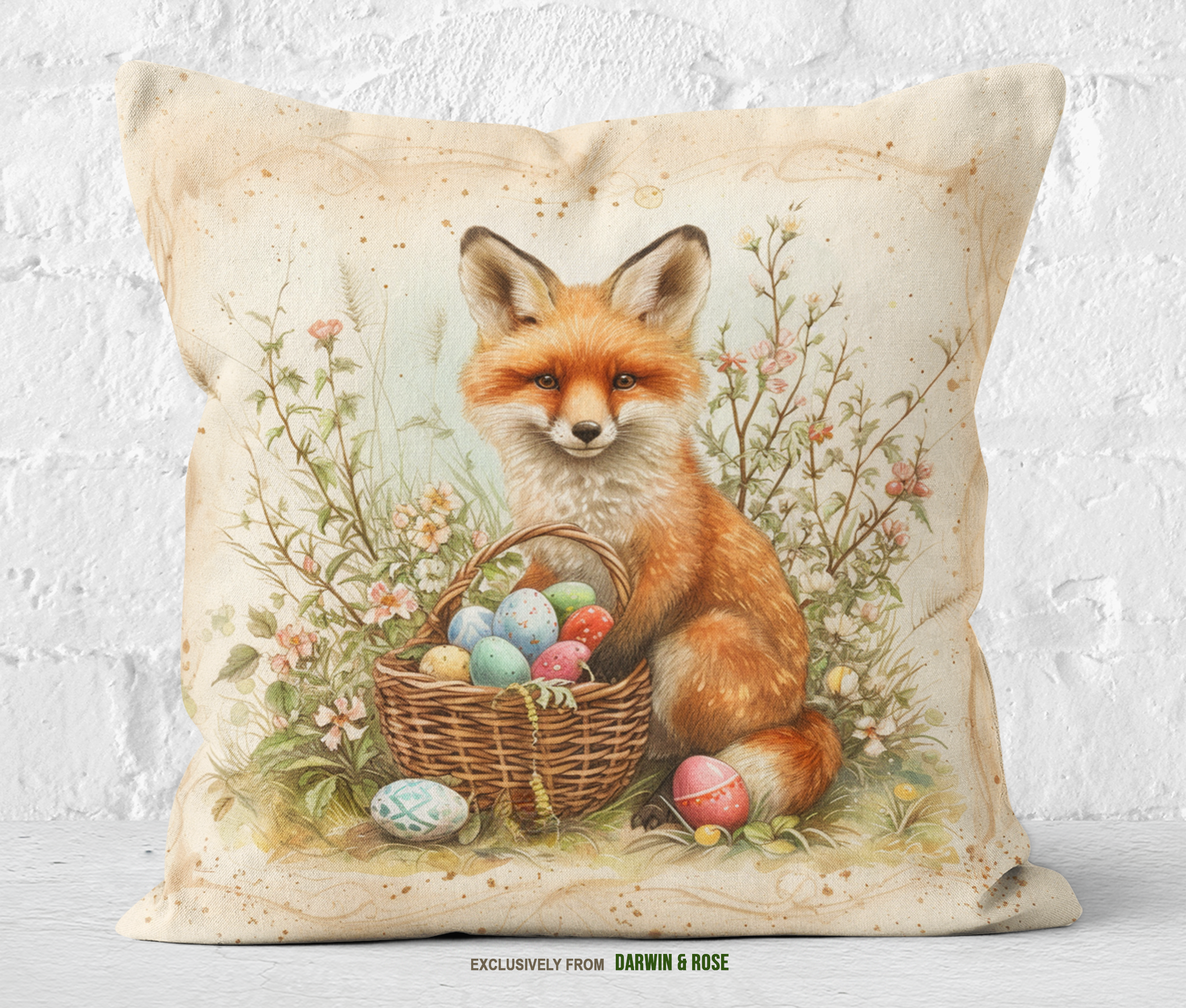 Whimsical Easter Fox Throw Pillow – Cottagecore Spring Décor