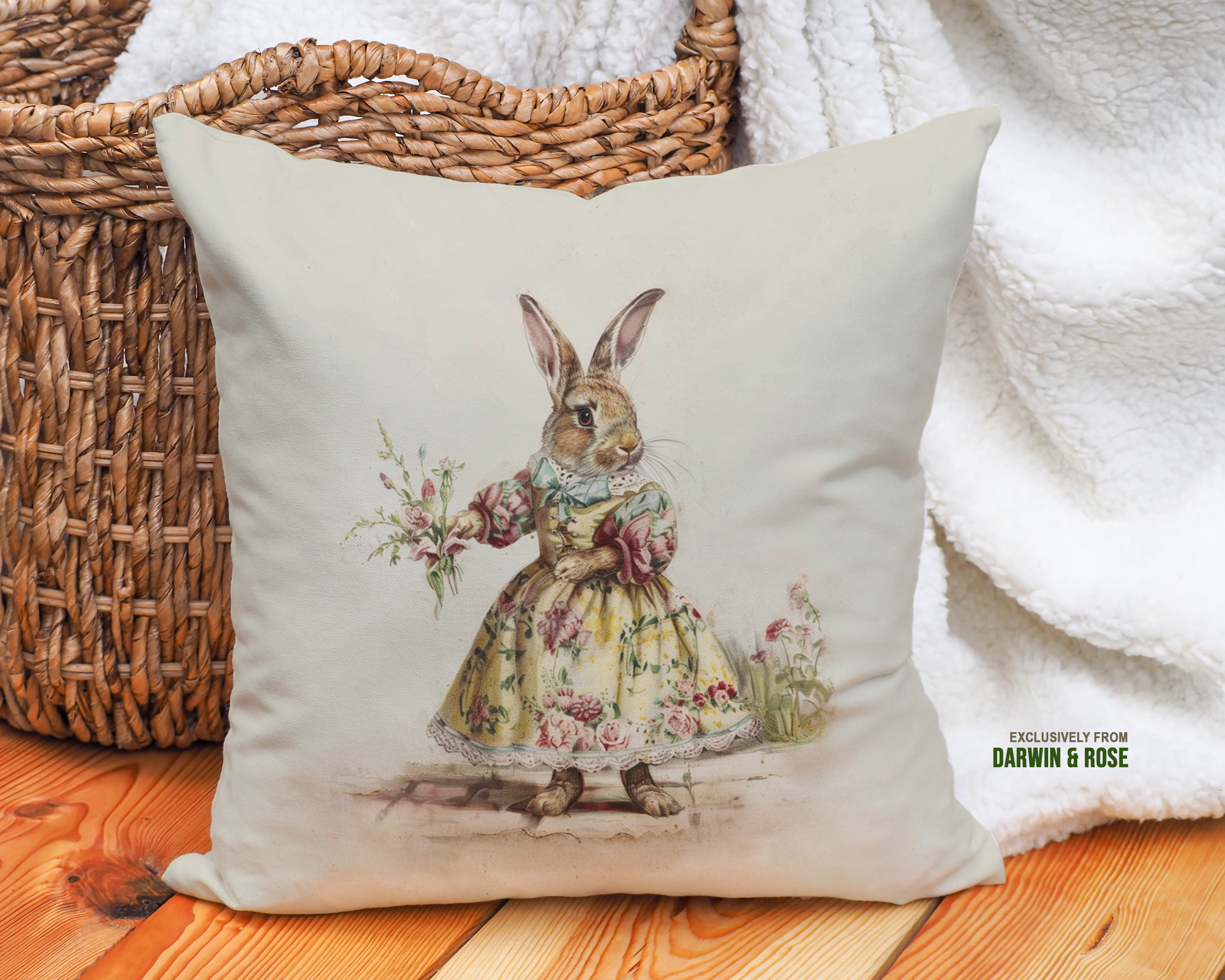 Vintage Easter Bunny Floral Throw Pillow – Cottagecore Spring Décor