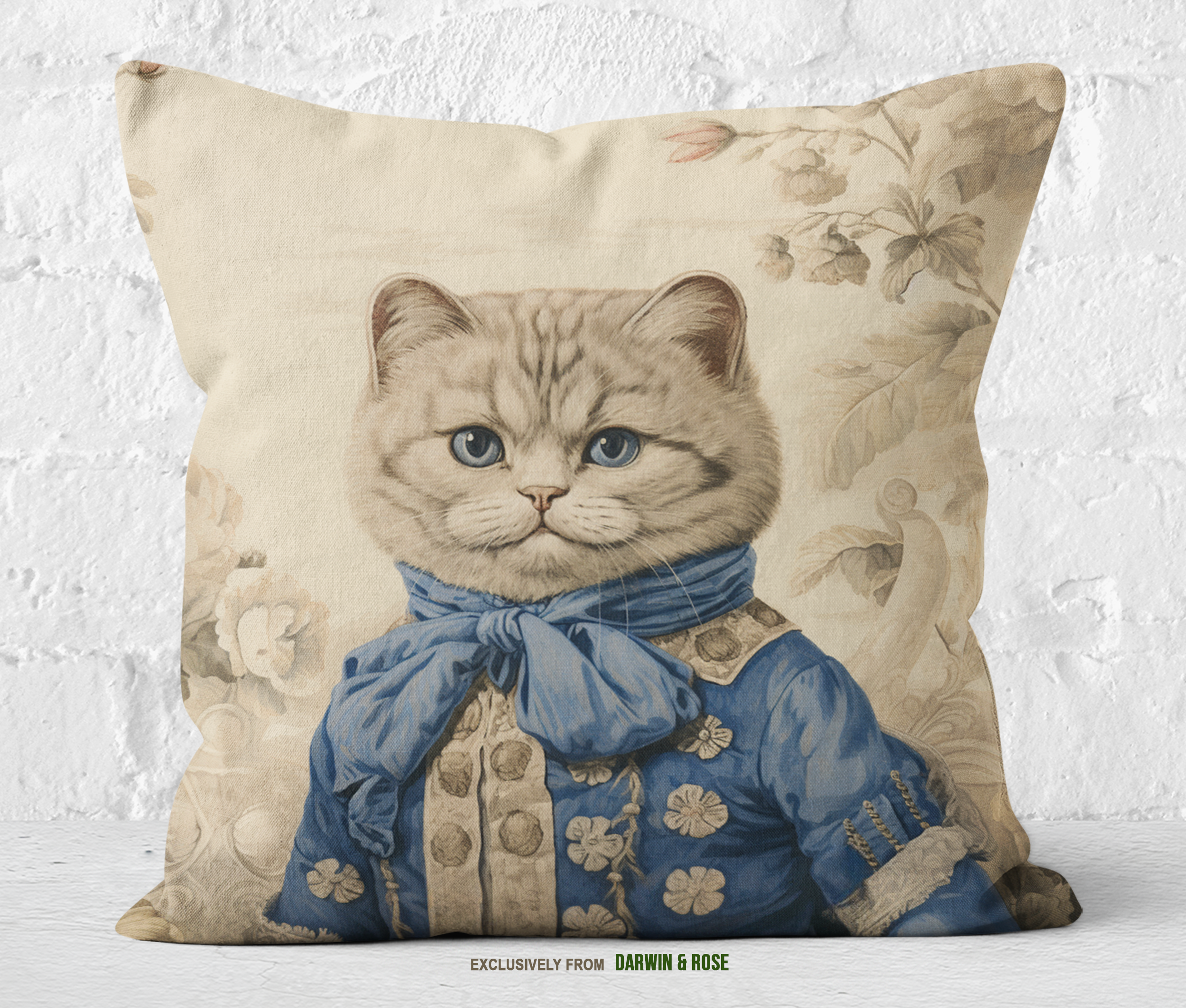 Regal Scottish Fold Cat Throw Pillow – Vintage Chic Floral Design