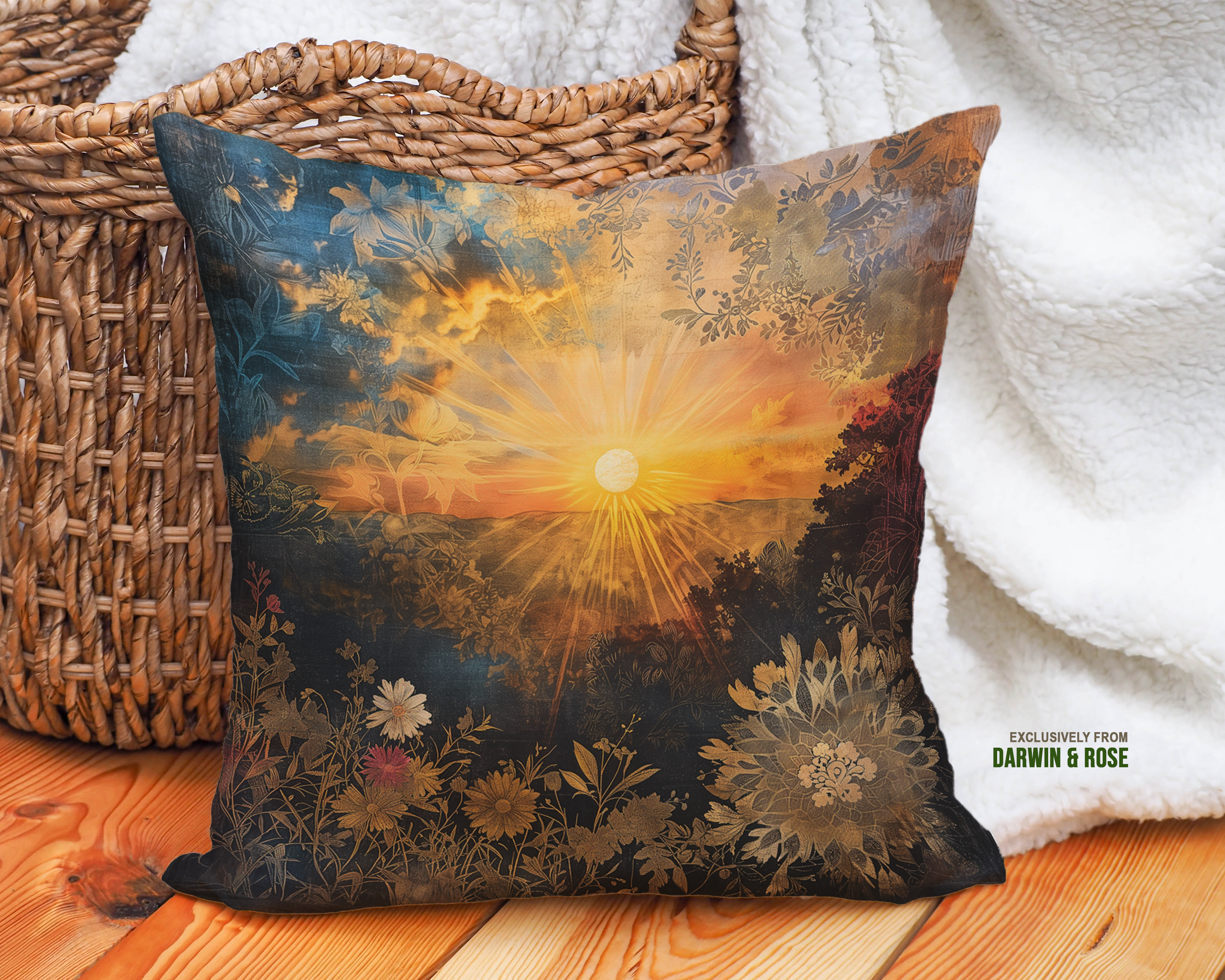 Golden Sunburst Boho Throw Pillow - Rustic Sunset Design