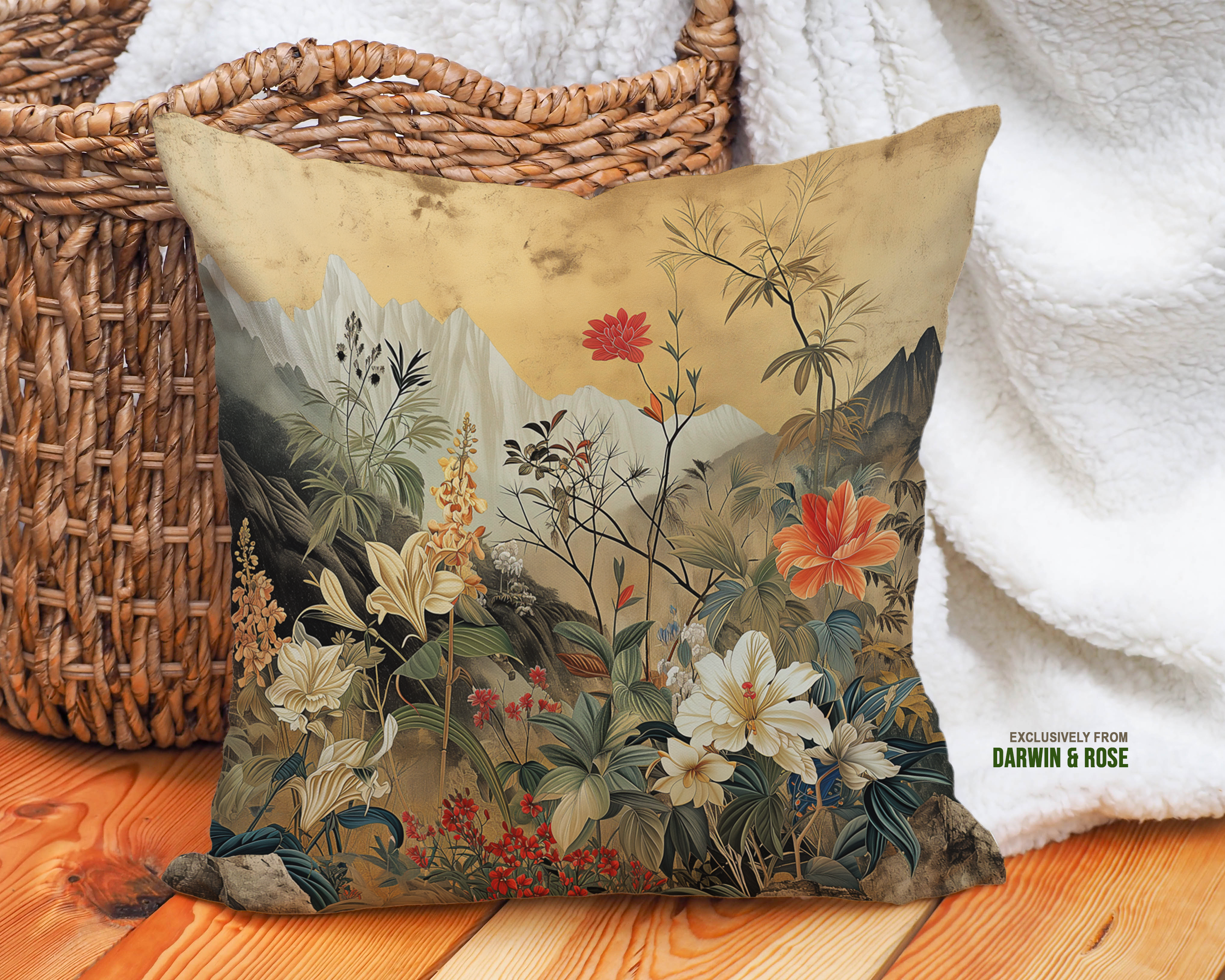 Golden Bloom Asian-Inspired Floral Throw Pillow – Modern Boho Décor