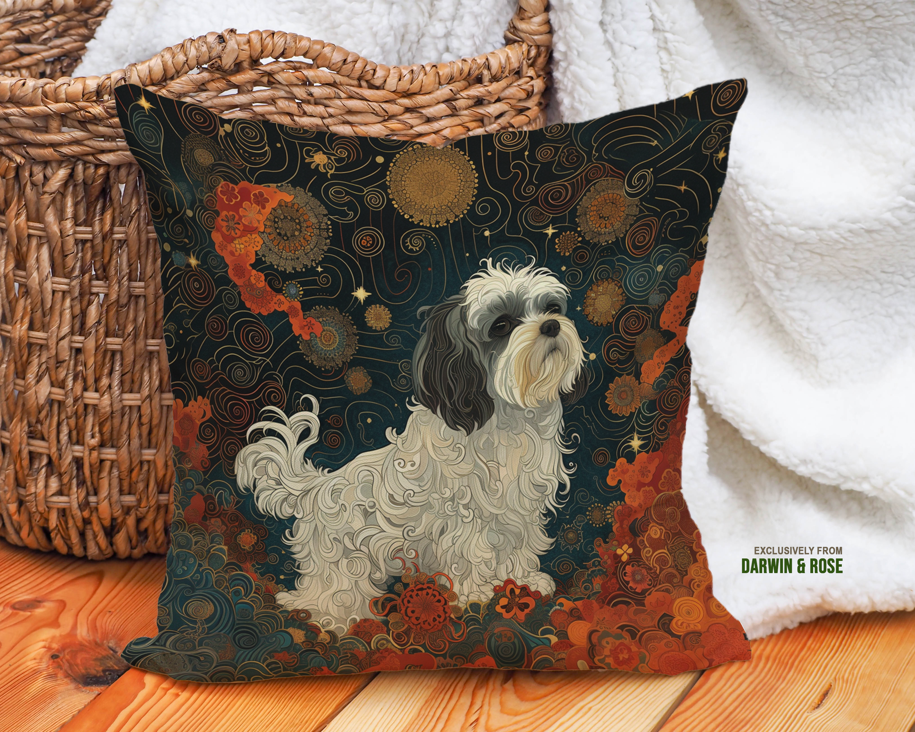 Starry Night Lhasa Apso Boho Throw Pillow – Whimsical Canine Home Décor