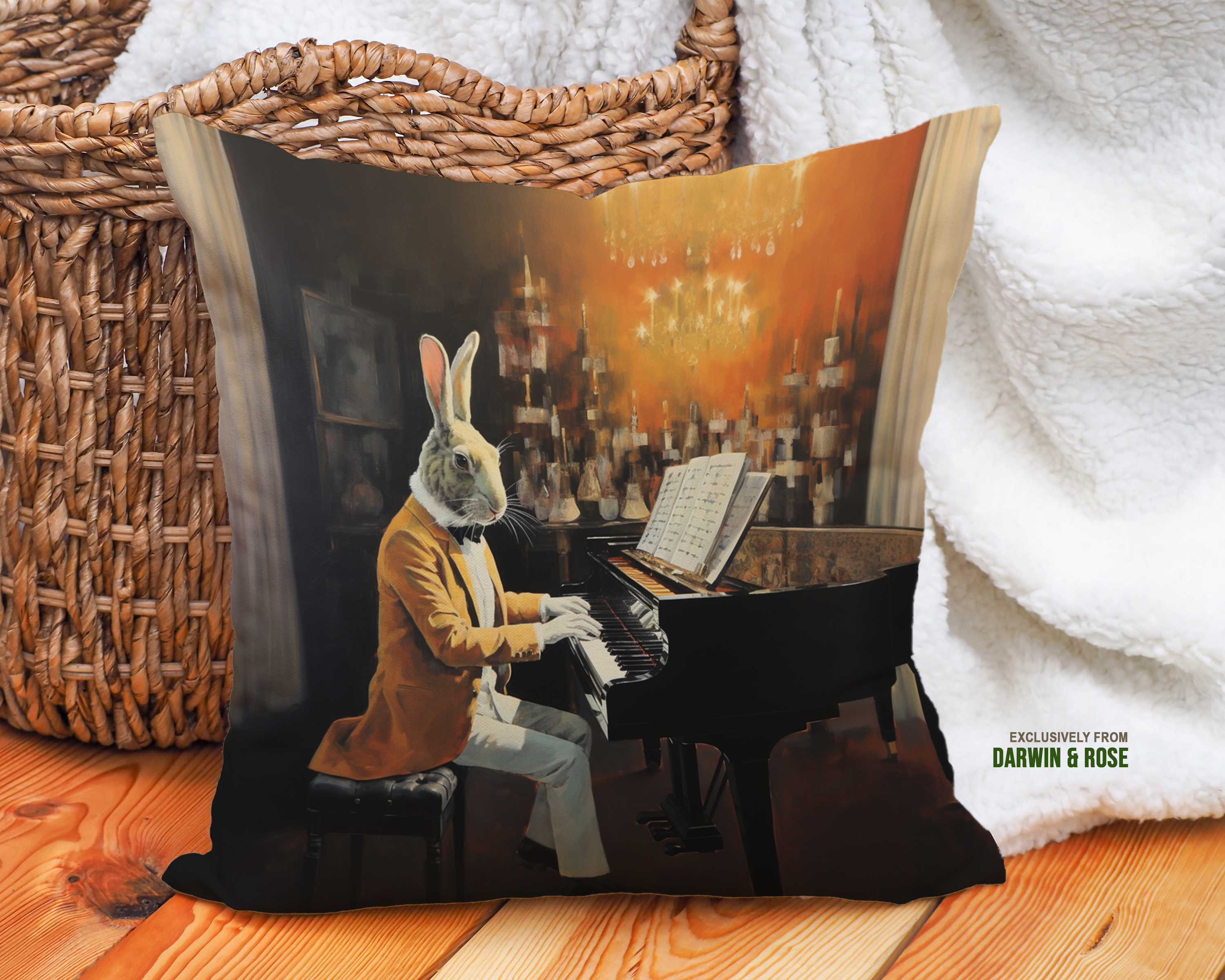 Grand Easter Bunny Serenade Throw Pillow - Elegant Vintage Style