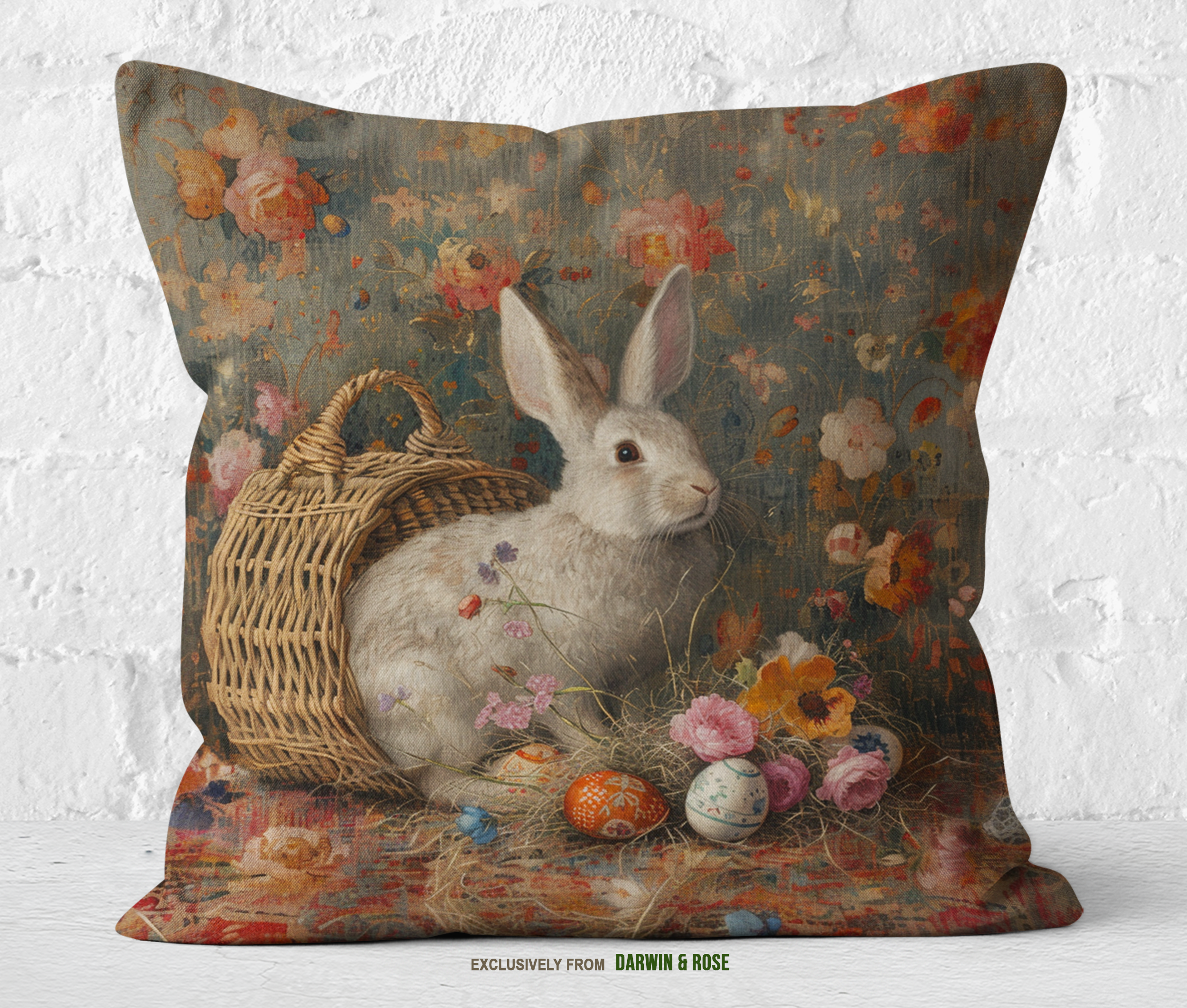 Vintage Easter Bunny Floral Throw Pillow - Rustic Farmhouse Spring Decor