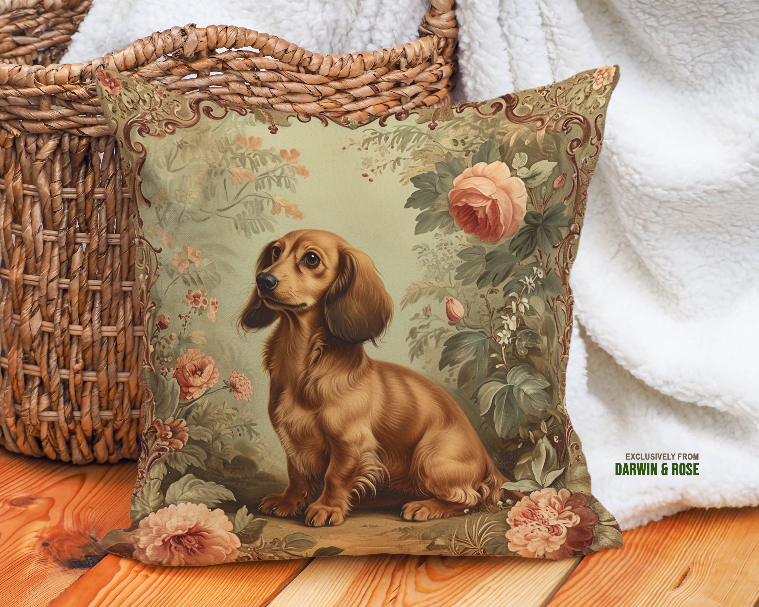 Vintage Floral Dachshund Throw Pillow – Farmhouse Style Home Décor