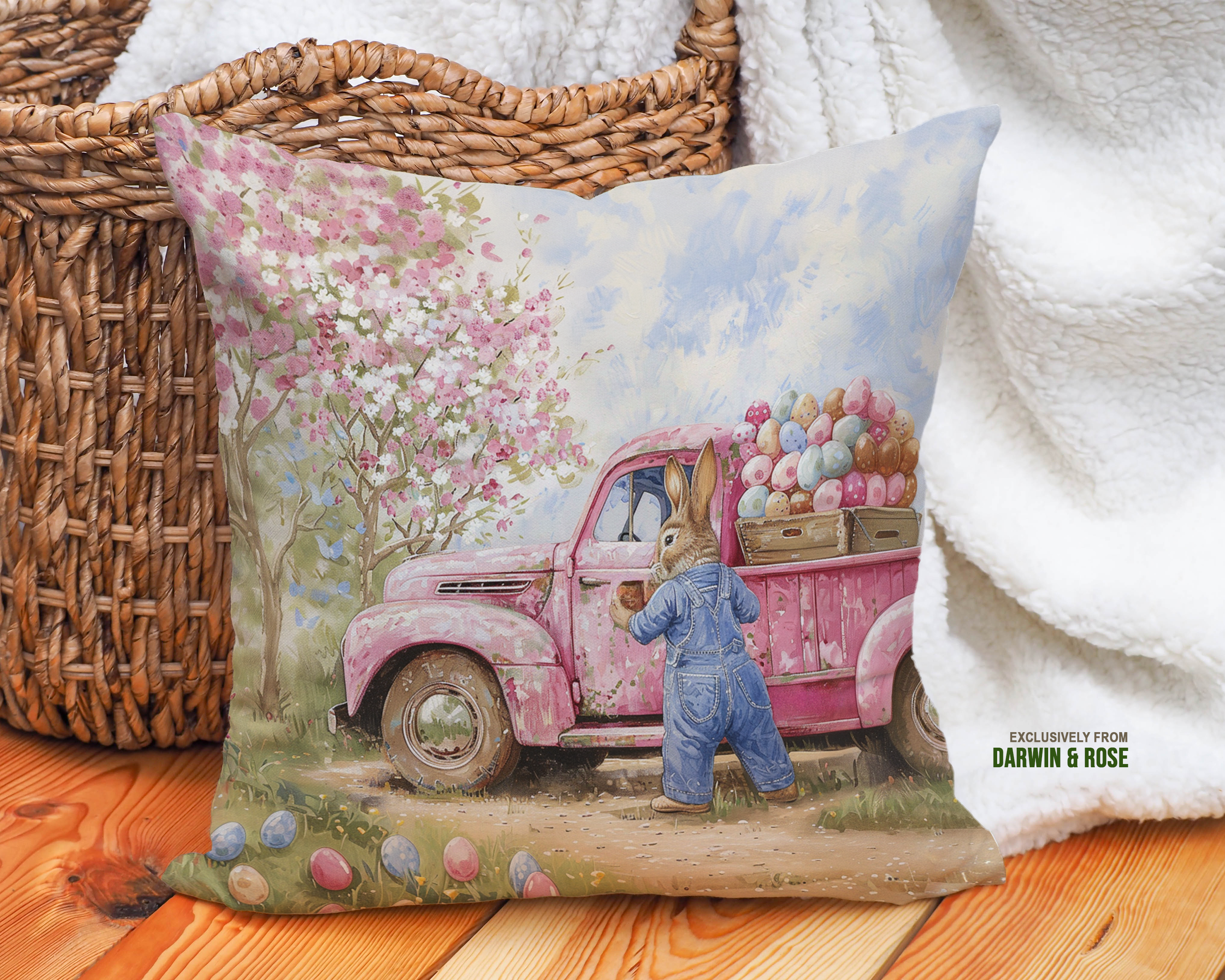Vintage Easter Bunny Throw Pillow - Rustic Springtime Farmhouse Charm