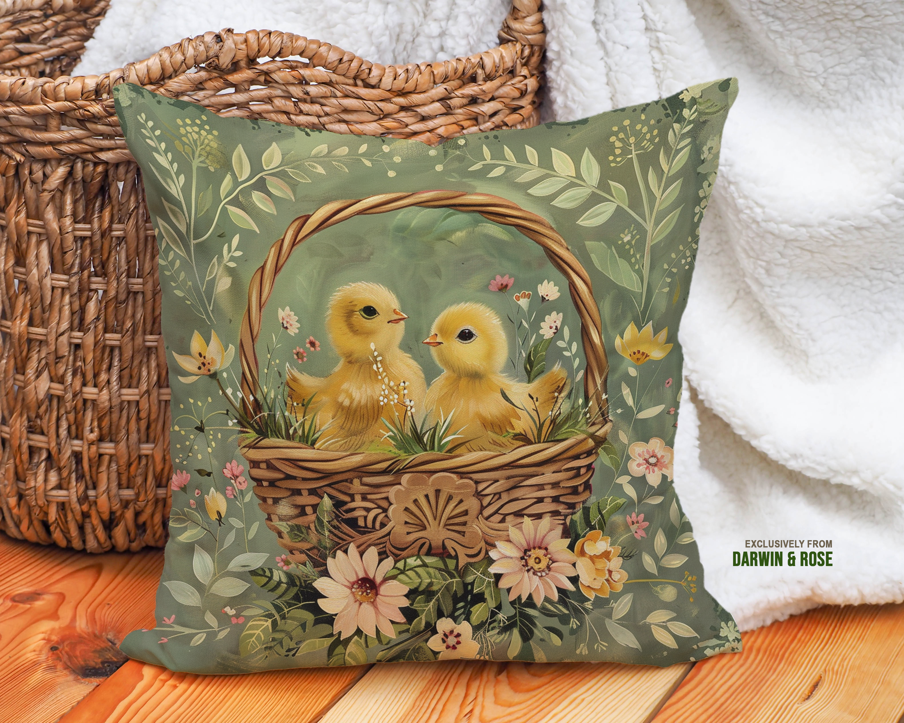 Springtime Chicklings in Floral Basket Easter Throw Pillow