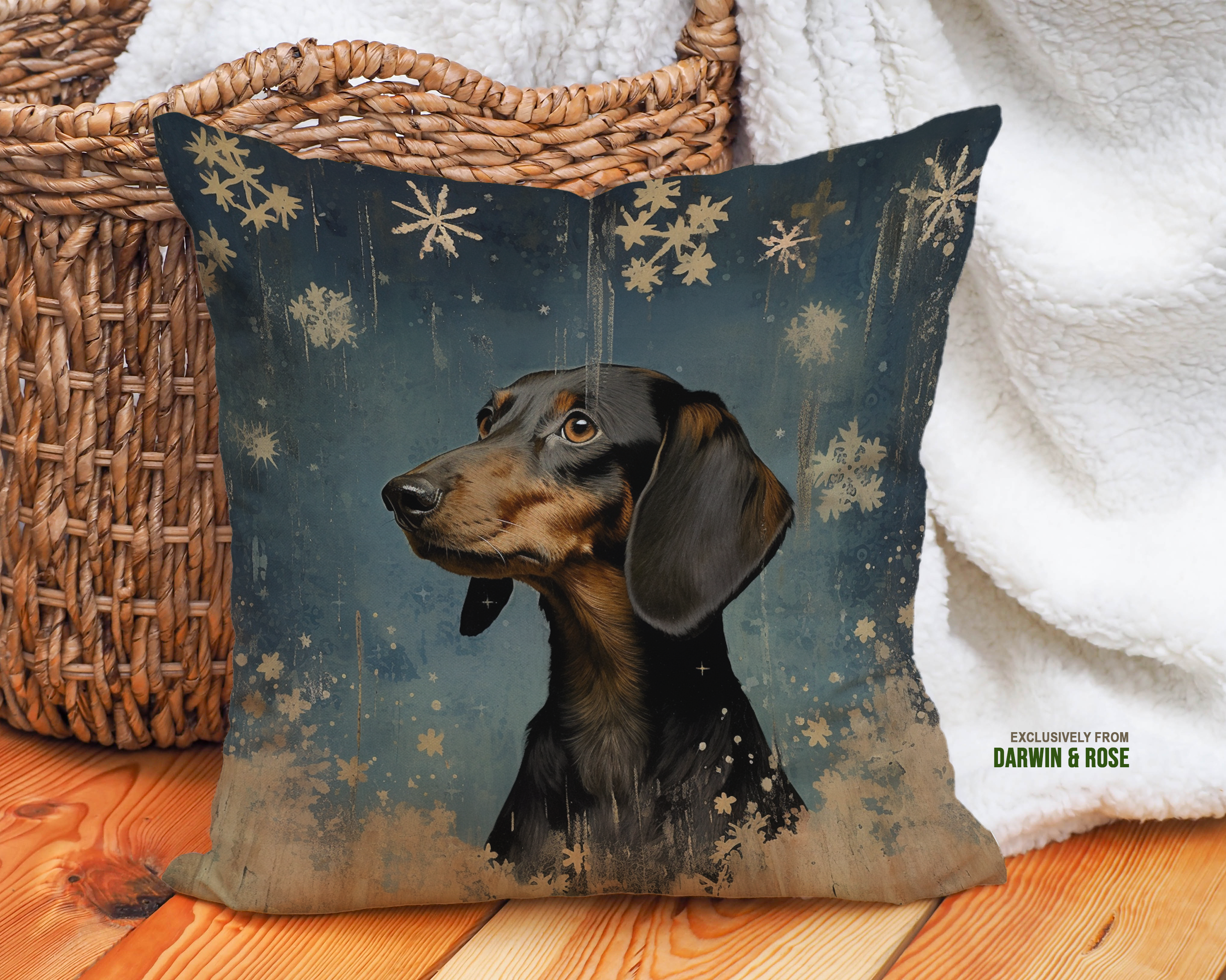 Dachshund Winter Wonderland Throw Pillow – Rustic Holiday Decor