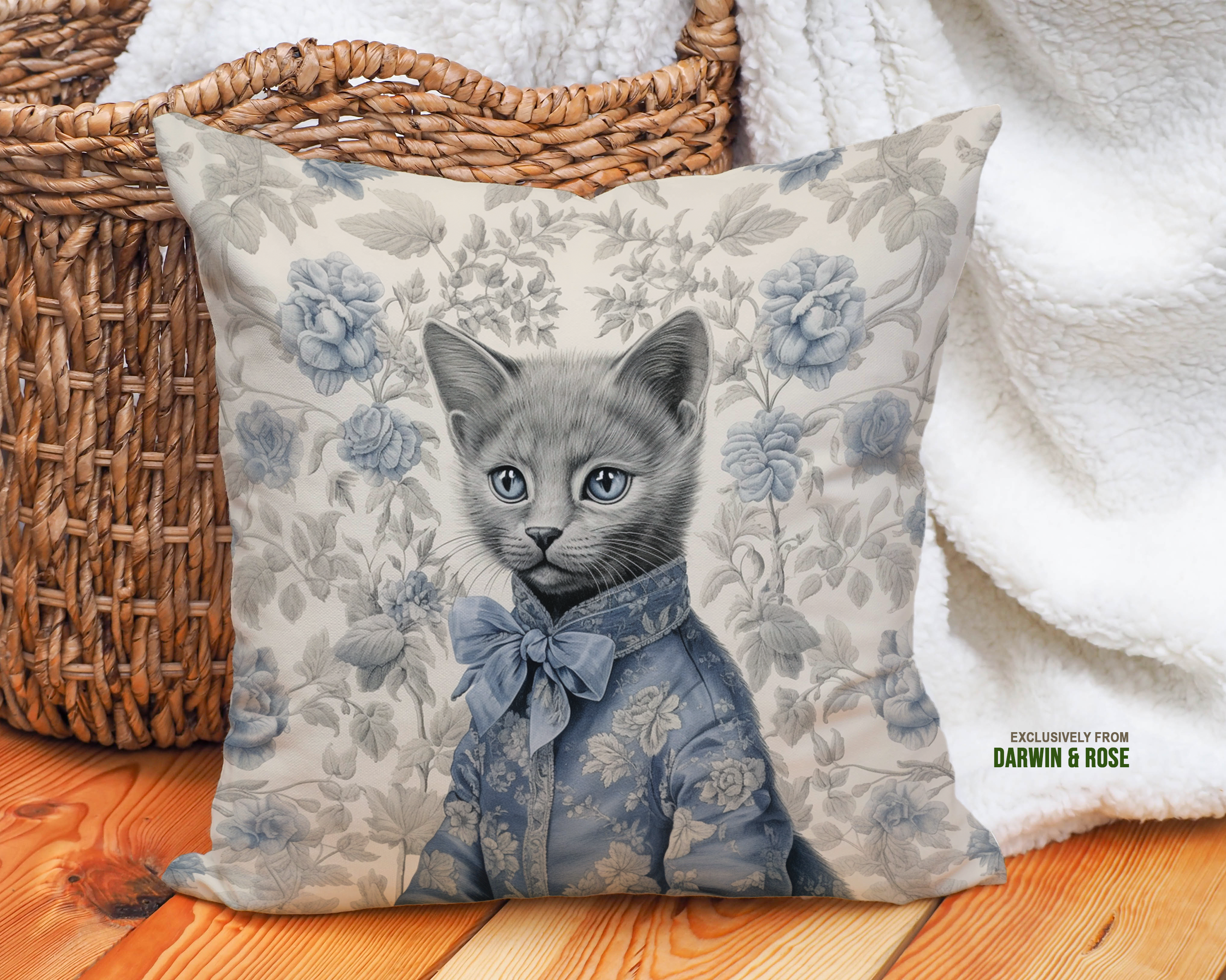 Regal Russian Blue Cat in Vintage Floral Attire Throw Pillow