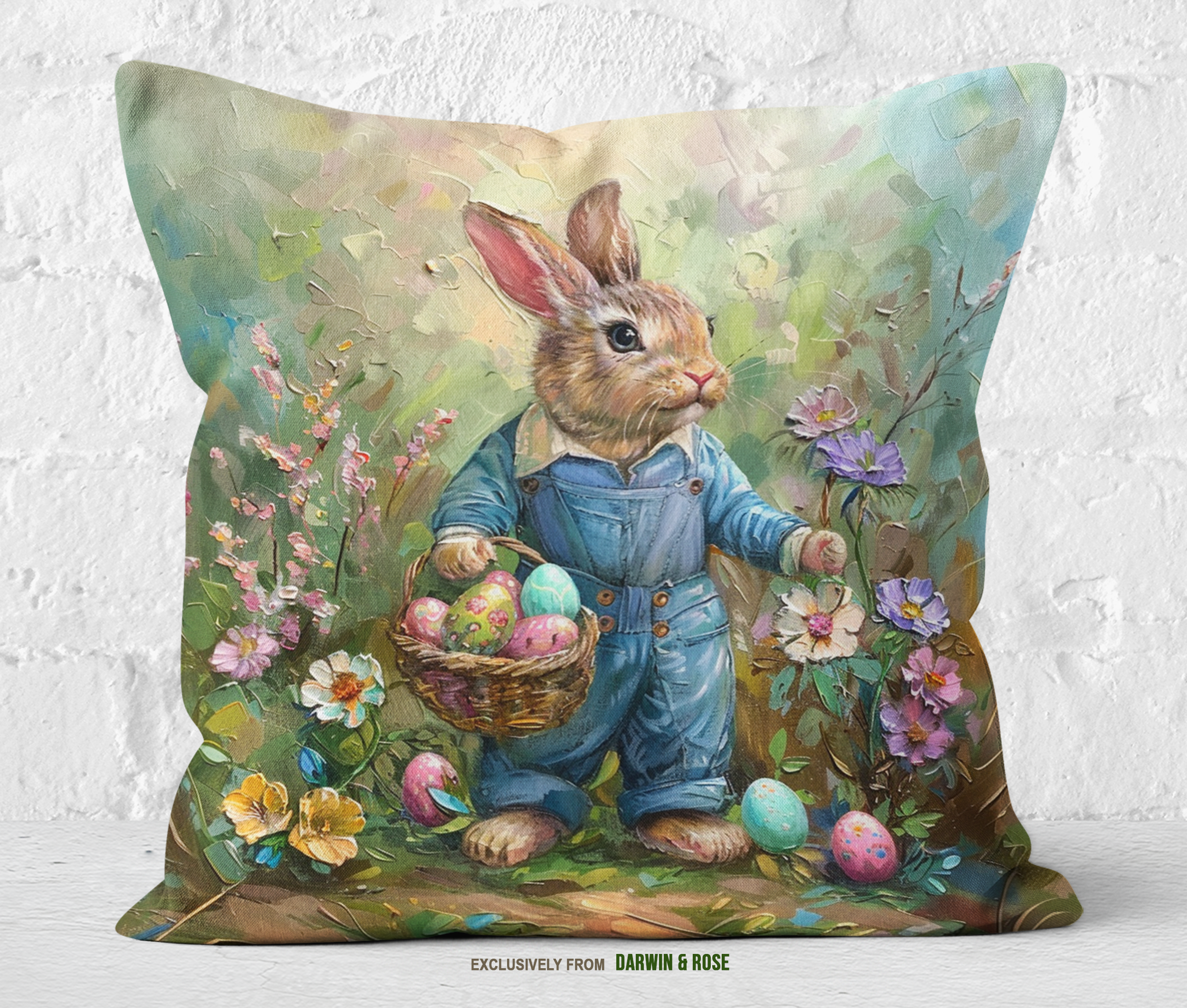 Easter Bunny in Spring Floral Garden Throw Pillow