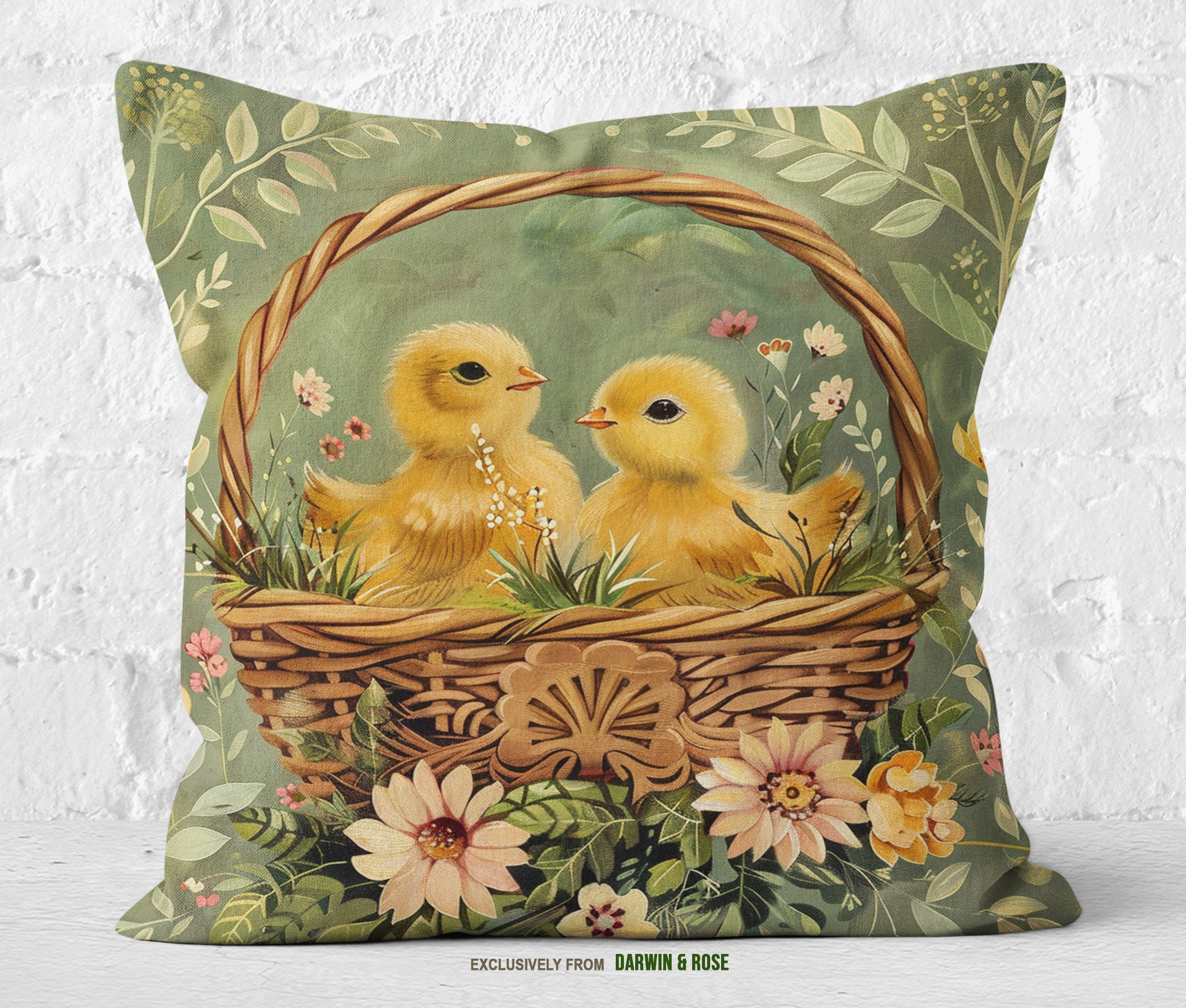 Springtime Chicklings in Floral Basket Easter Throw Pillow