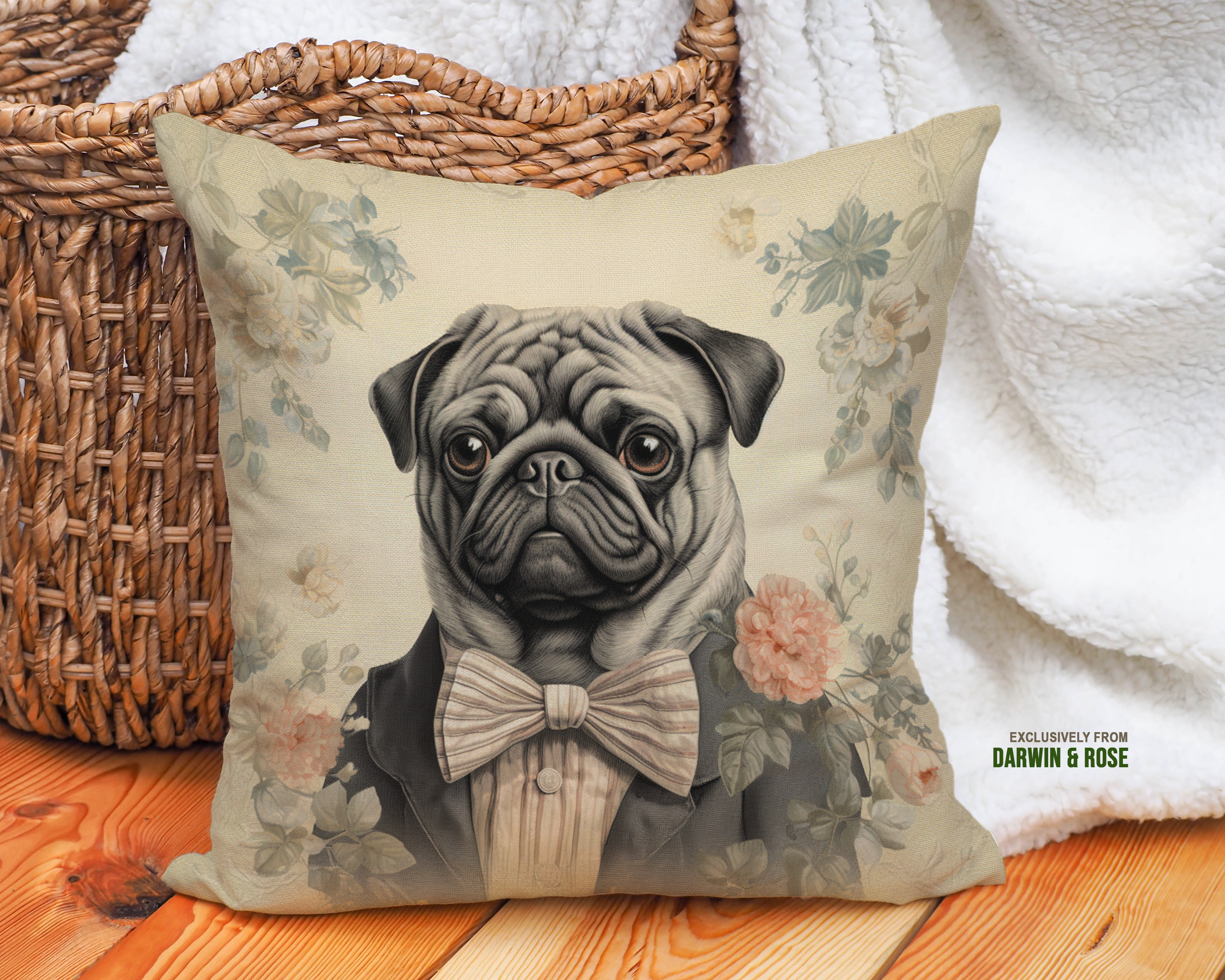Vintage Chic Pug Throw Pillow – Elegant Floral Design for Dog Lovers