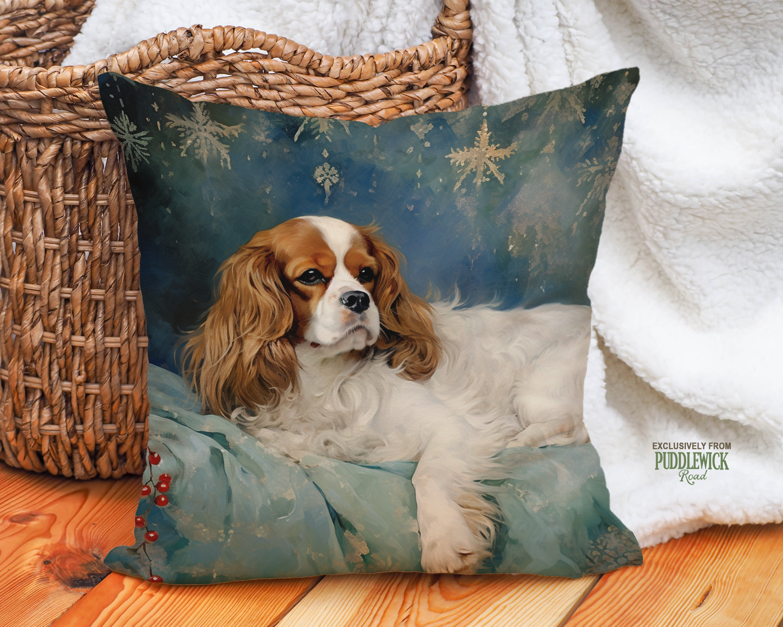 The Snowfall Cavi Throw Pillow | Cavalier King Charles Spaniel Dog Cushion - Darwin & Rose