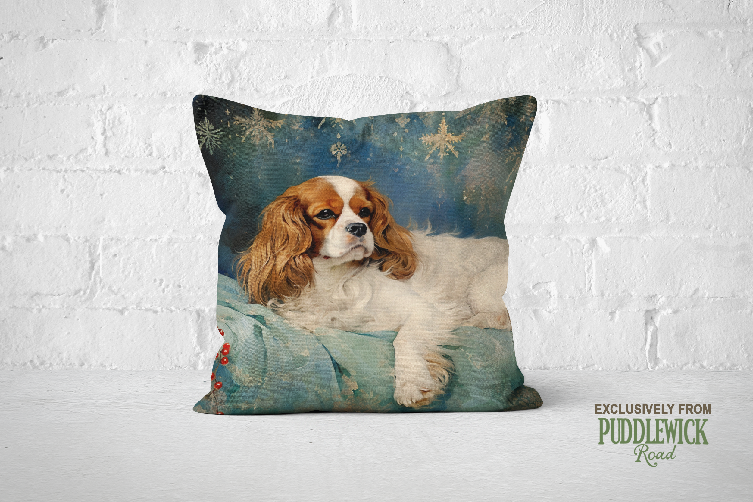 The Snowfall Cavi Throw Pillow | Cavalier King Charles Spaniel Dog Cushion - Darwin & Rose