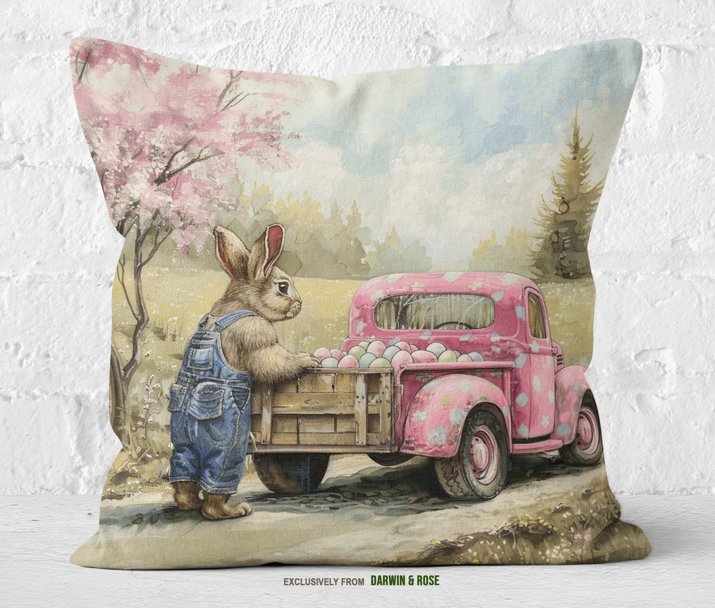 Vintage Easter Bunny and Pink Truck Throw Pillow