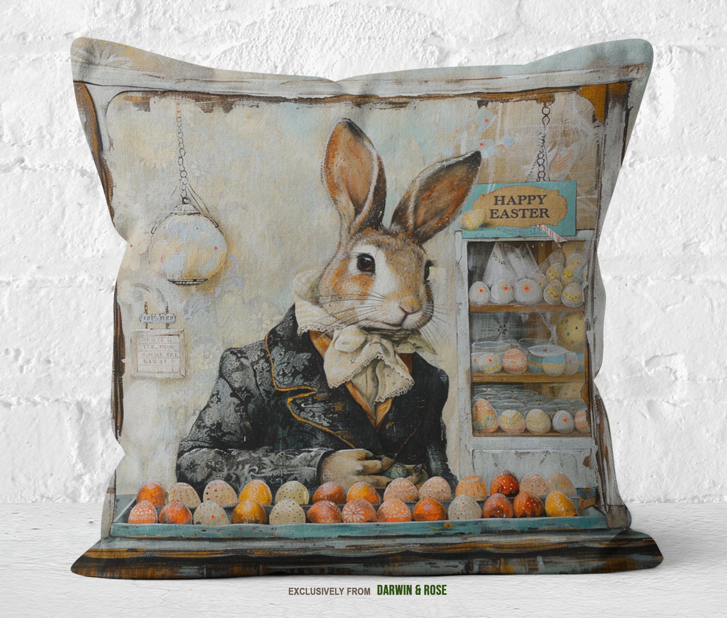 Easter Bunny Market Vintage Farmhouse Throw Pillow